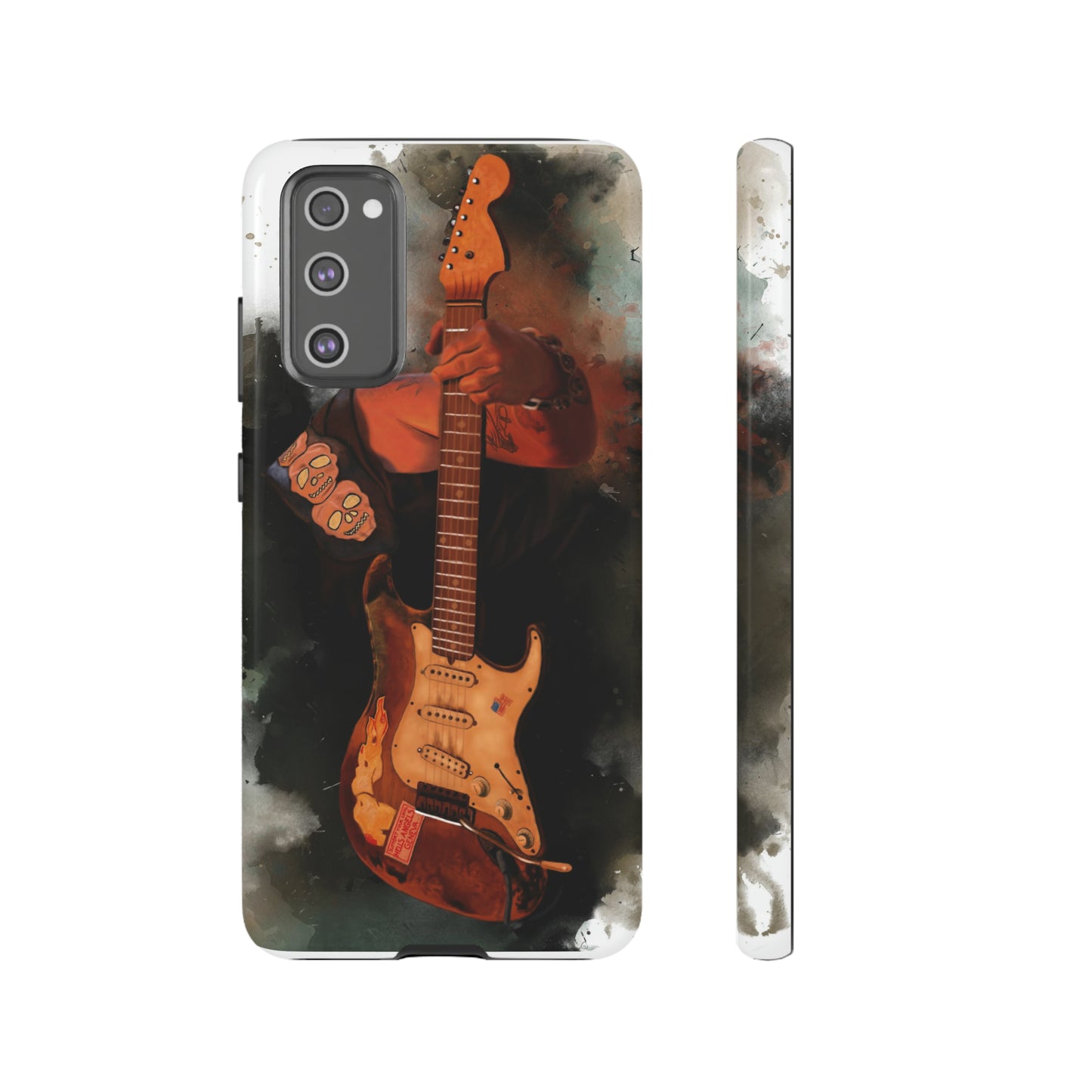 Digital painting of a heavy used vintage sunburst electric guitar with hand printed on samsung phone case