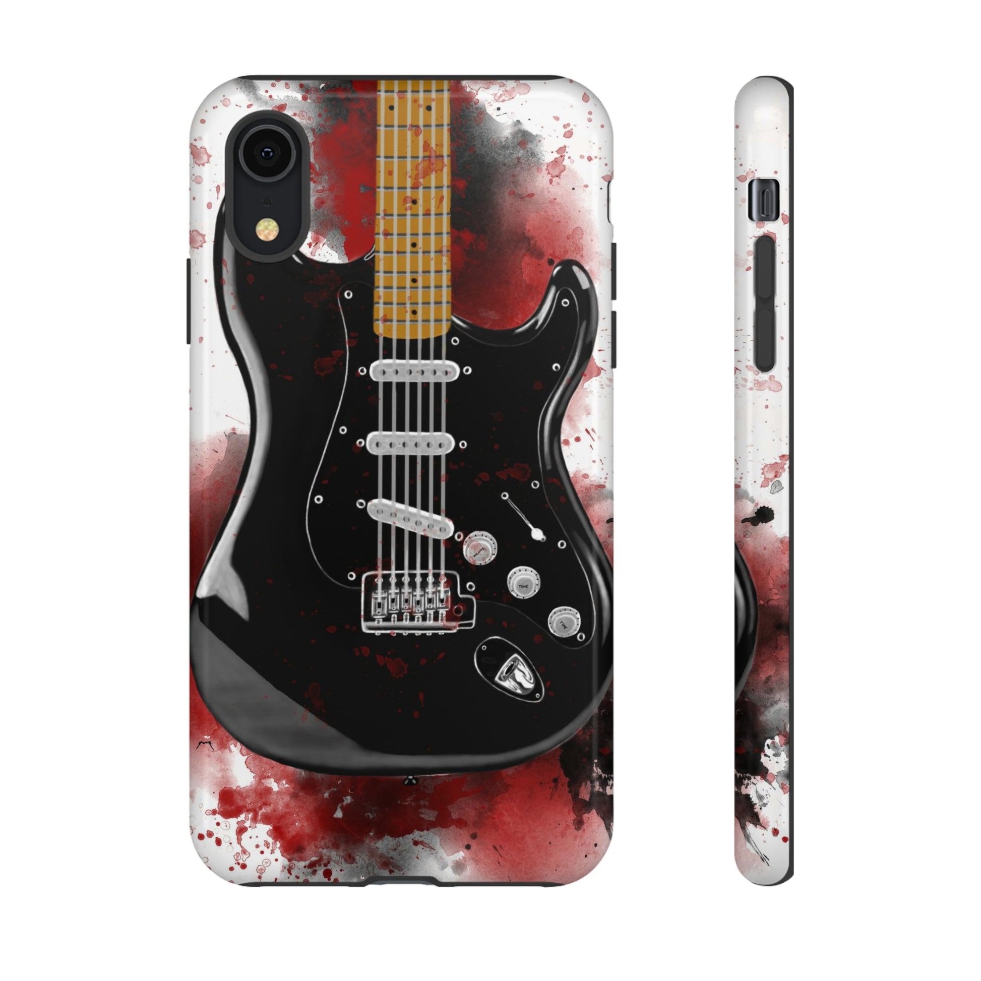 Digital painting of black electric guitar printed on an iphone phone case