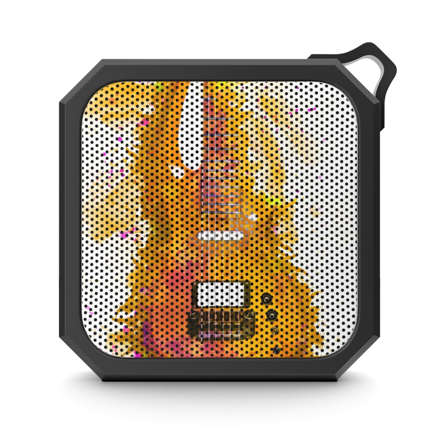 digital painting of a yellow electric guitar printed on a bluetooth speaker