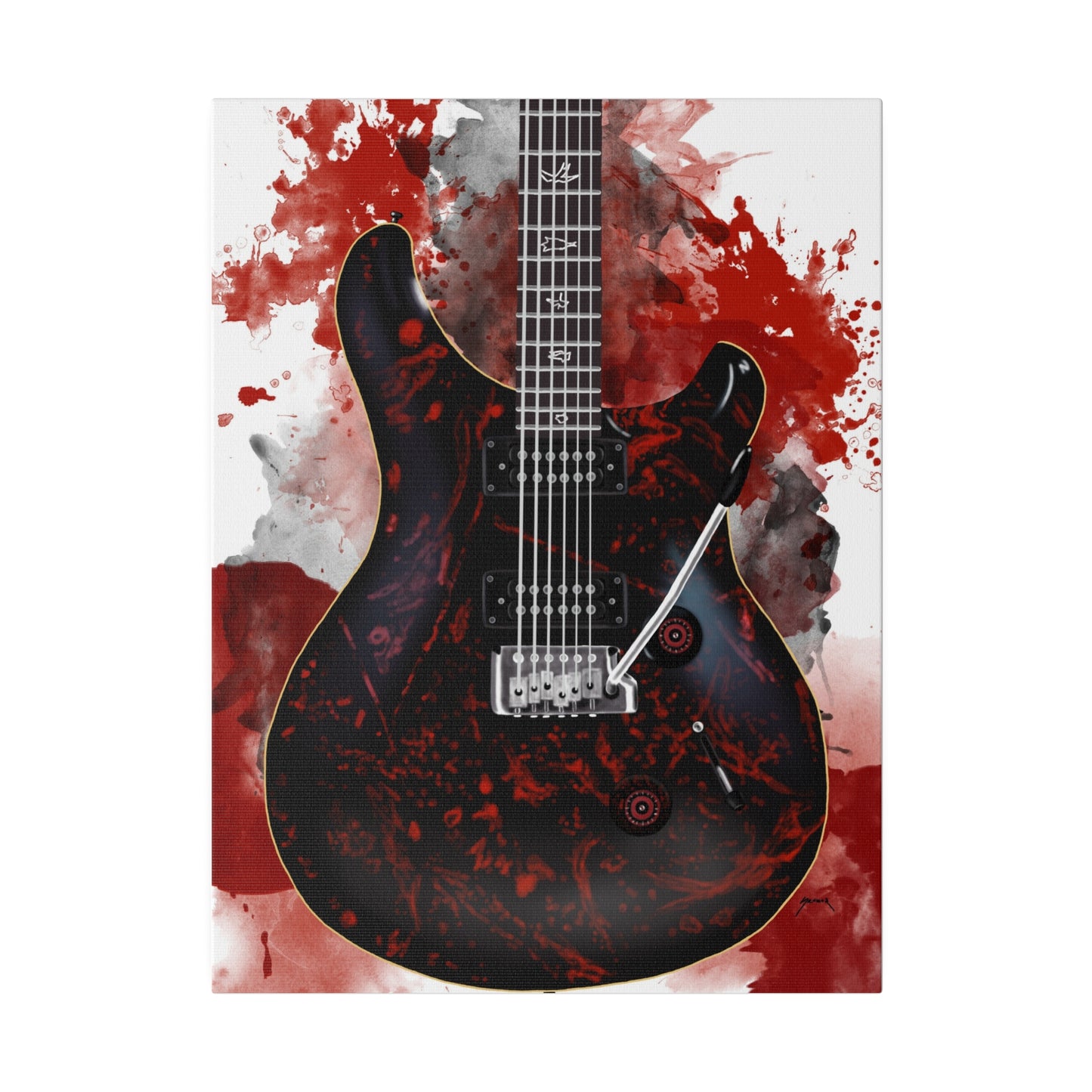 Digital painting of a blood splattered electric guitar printed on canvas