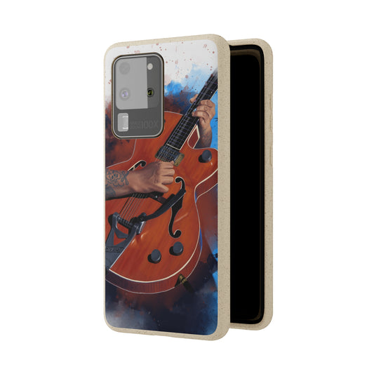digital painting of an orange electric guitar printed on samsung biodegradable phone case