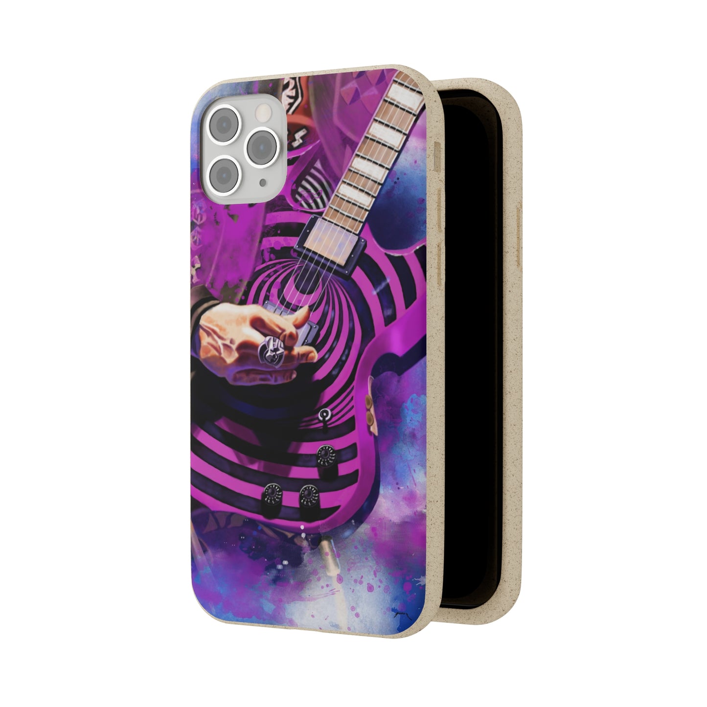 Digital painting of a purple black electric guitar with hand printed on a biodegradable iphone phone case