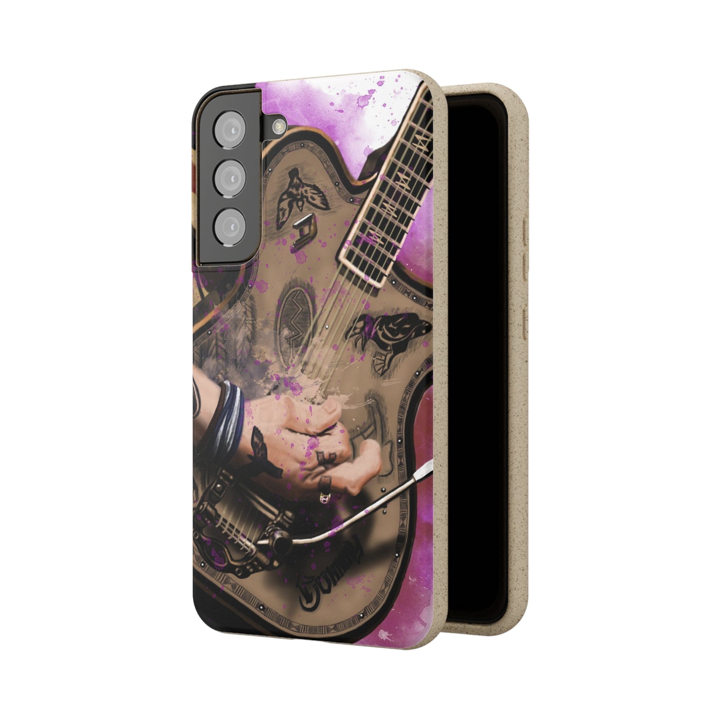 digital painting of an electric guitar with tattooed hand printed on a biodegradable samsung phone case