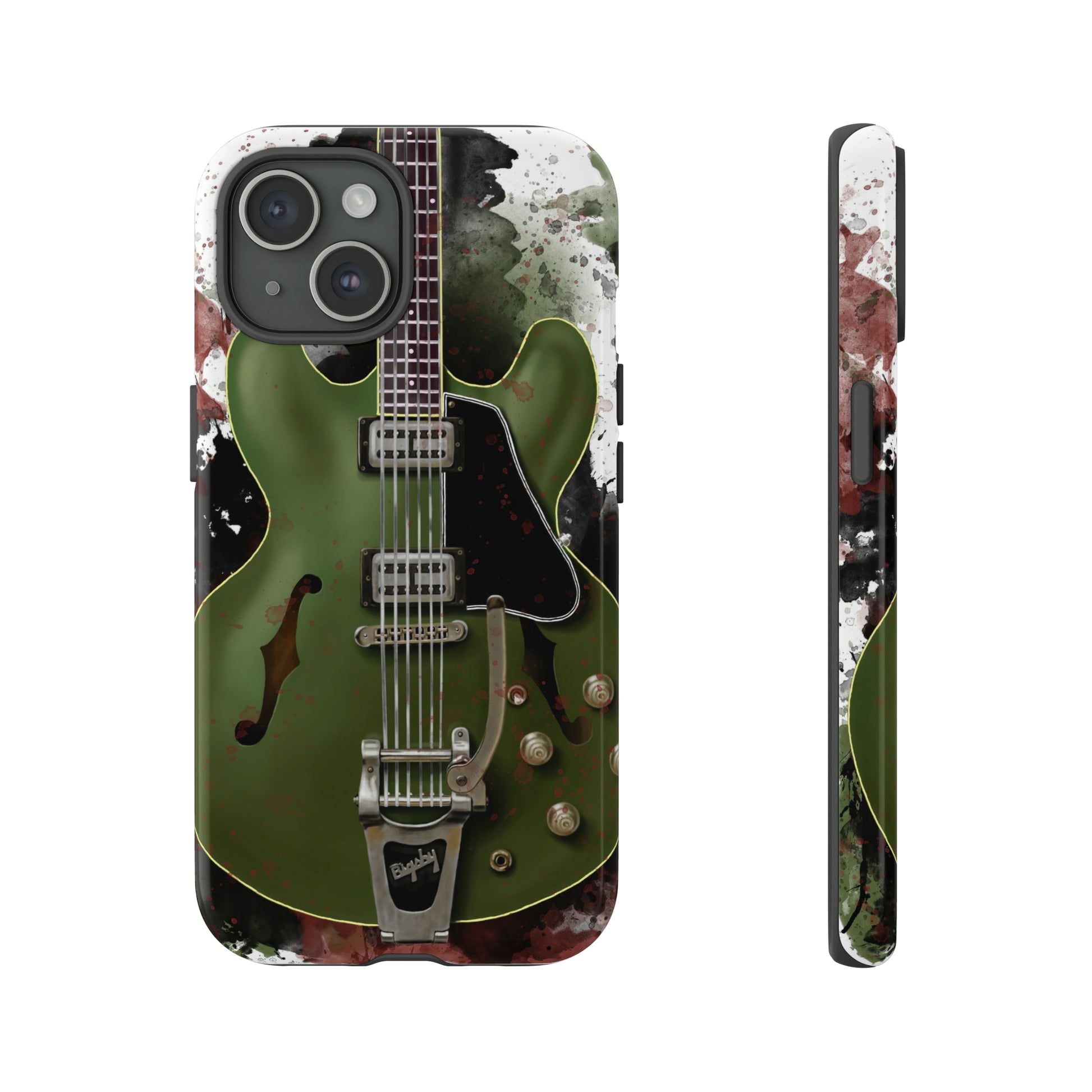 digital painting of a green electric guitar printed on an iphone phone case