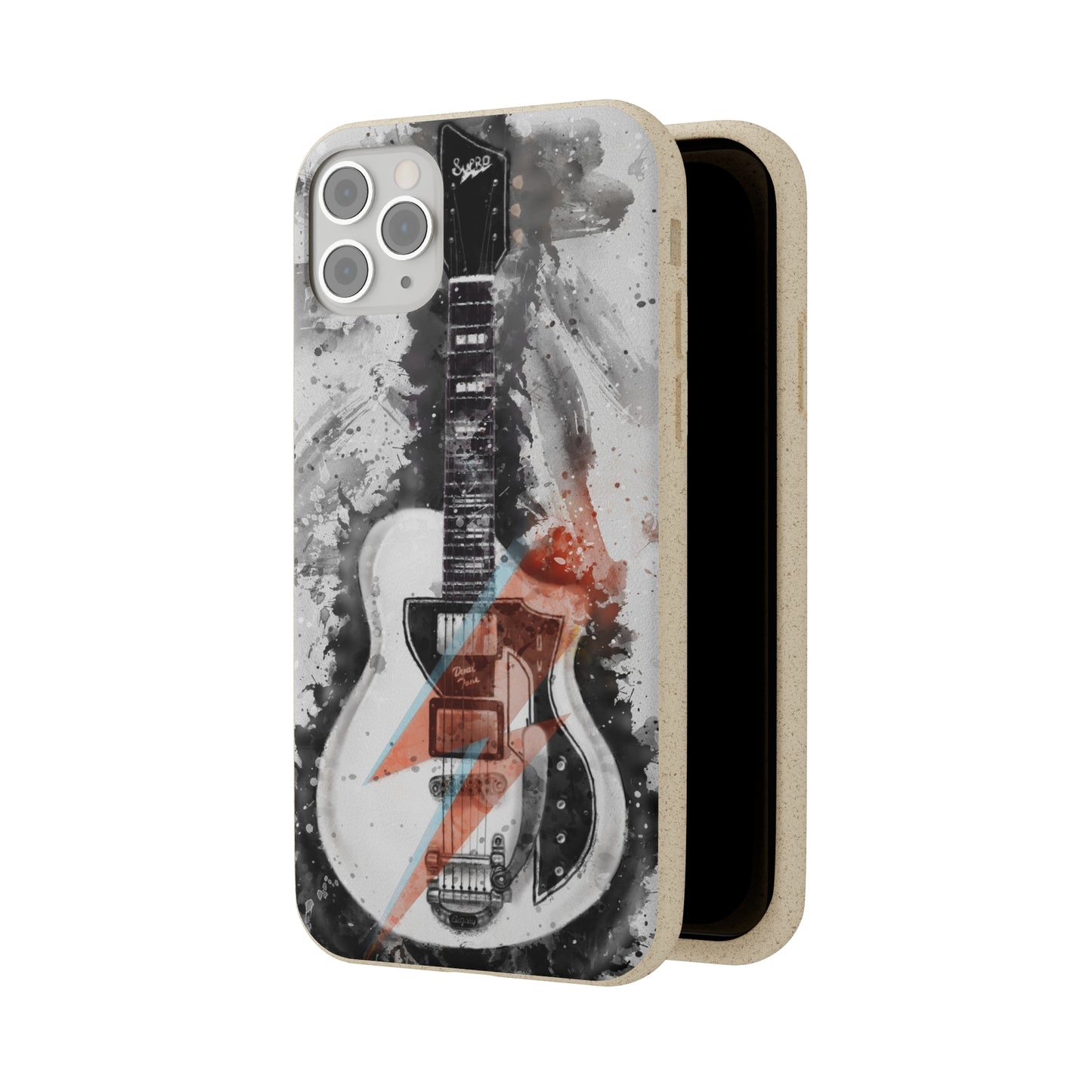 digital caricature painting of a white electric guitar printed on a biodegradable iphone phone case