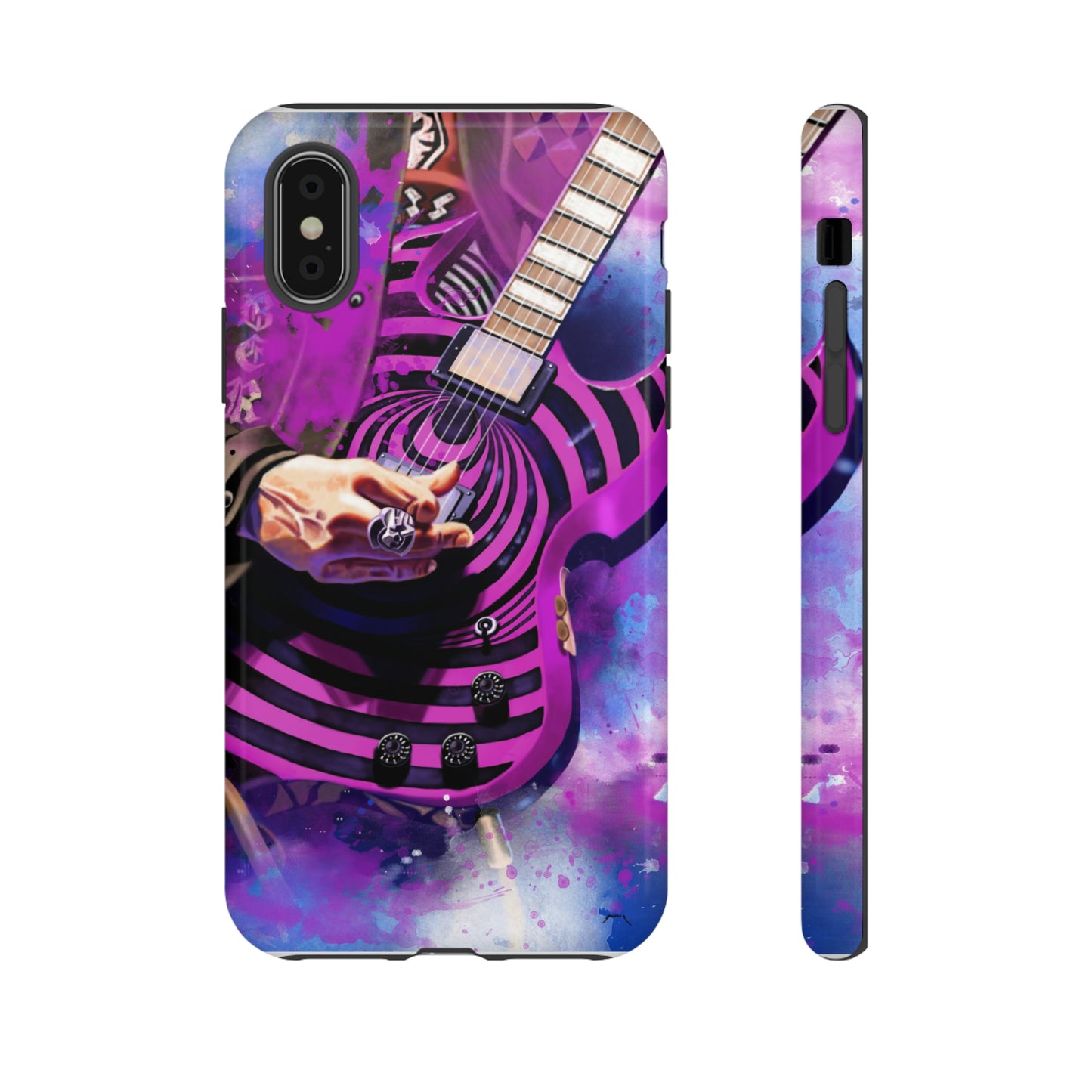 digital painting of a purple-black electric guitar with hand printed on iphone phone case
