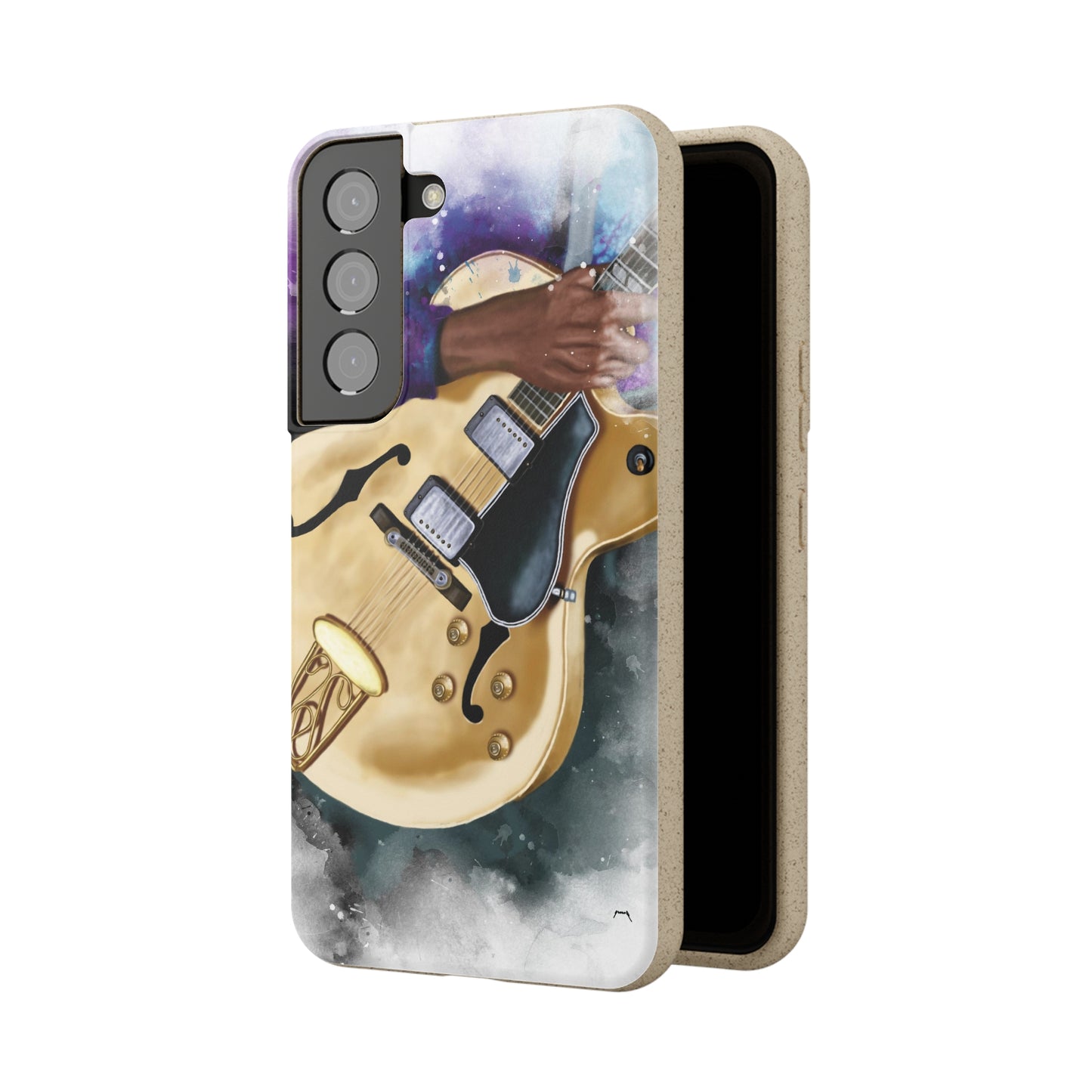 Digital painting of a vintage white hollowbody electric guitar with hand printed on a biodegradable samsung phone case