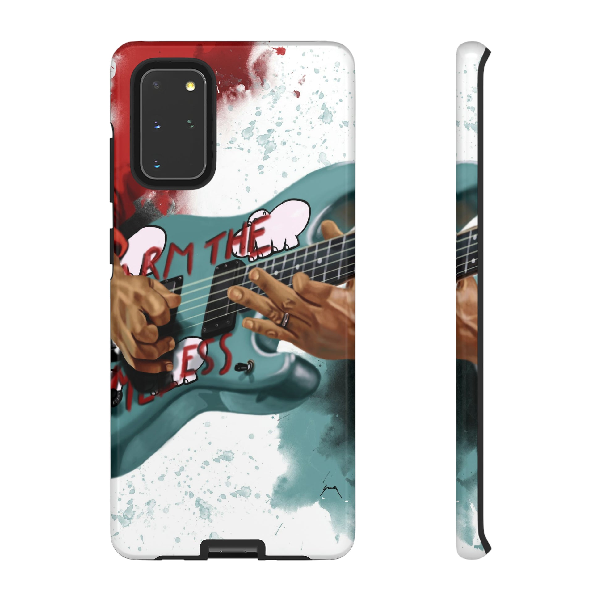 Digital painting of a blue electric guitar with stickers and hands printed on samsung phone case