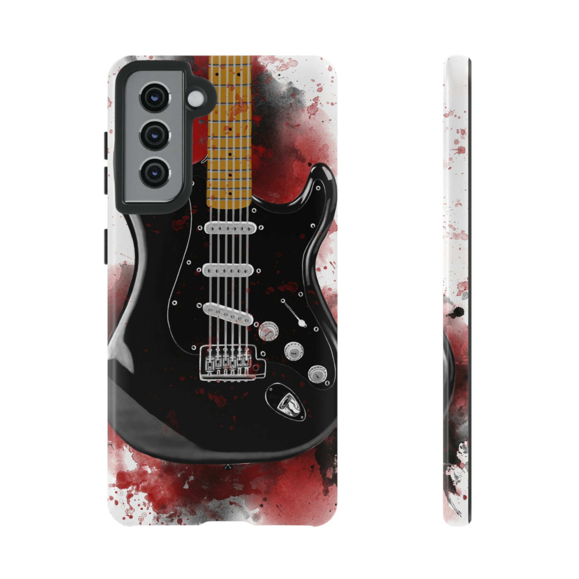 Digital painting of black electric guitar printed on a samsung phone case