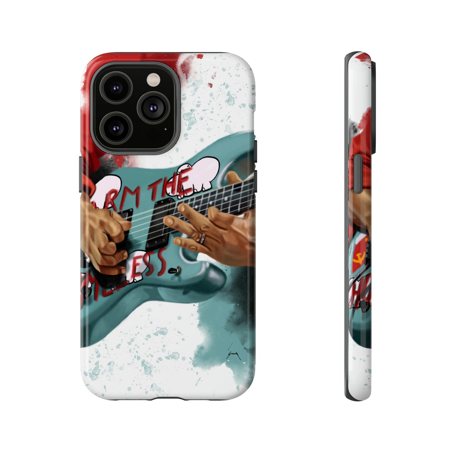 Digital painting of a blue electric guitar with stickers and hands printed on iphone phone case