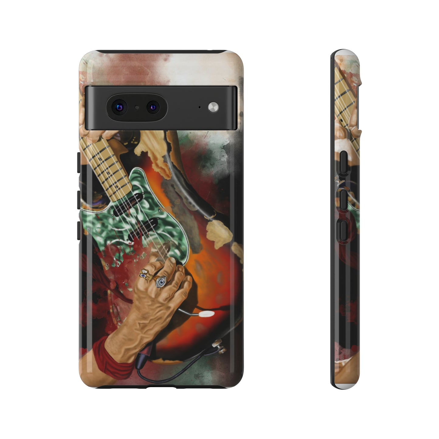 Digital painting of vintage electric guitar with hands printed on google phone case