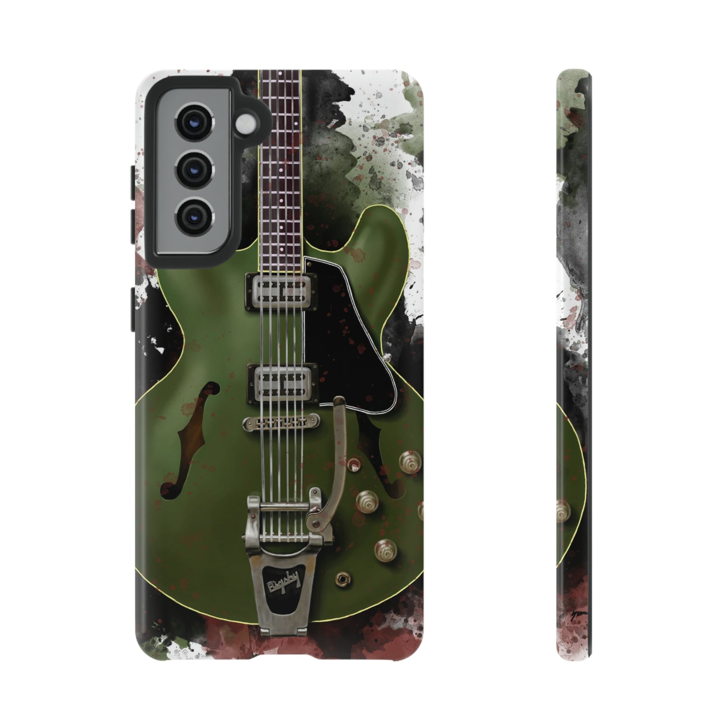 digital painting of a green electric guitar printed on a samsung phone case