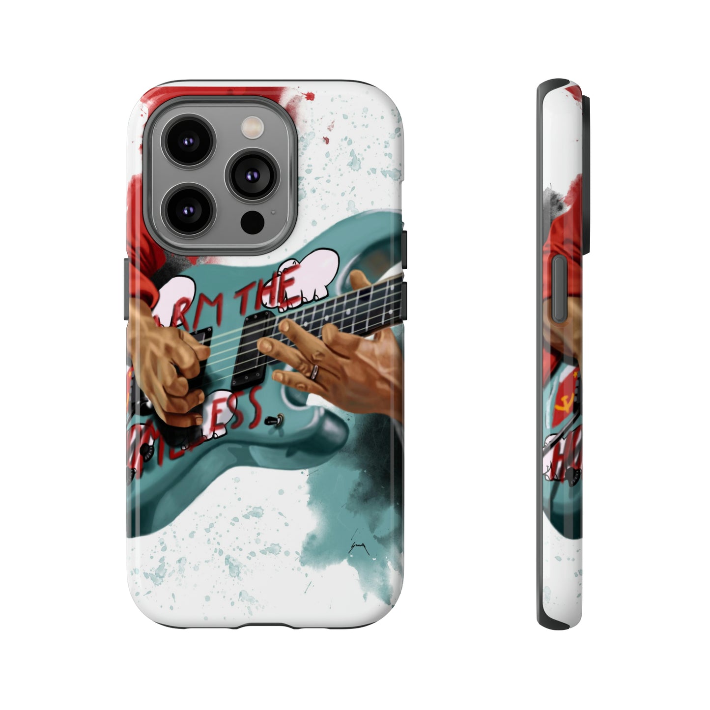 Digital painting of a blue electric guitar with stickers and hands printed on iphone phone case