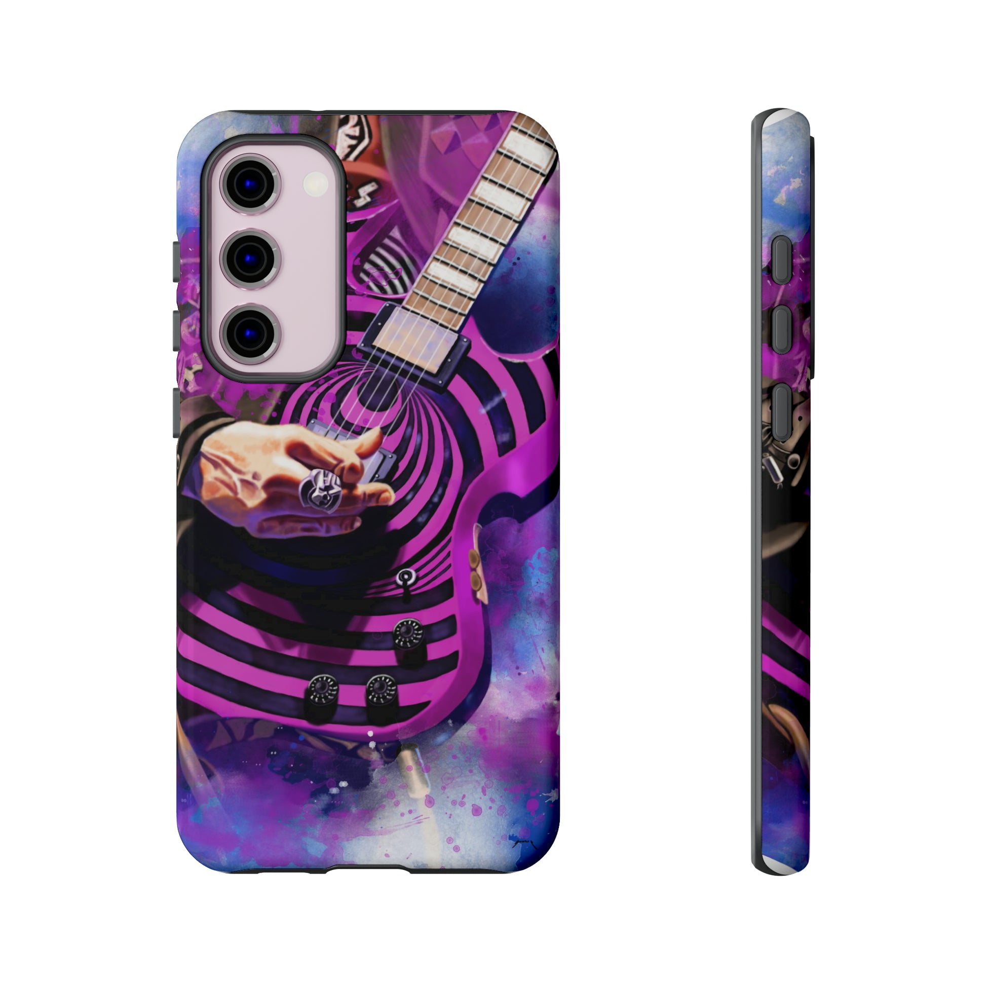 digital painting of a purple-black electric guitar with hand printed on samsung phone case