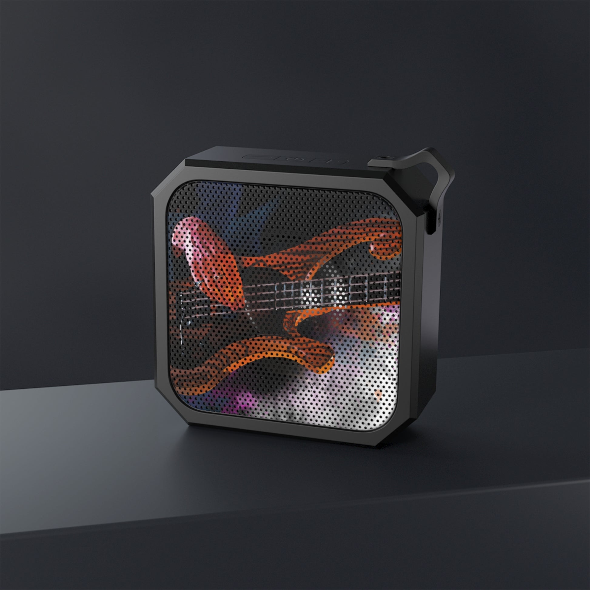 digital painting of a brown bass guitar with hand printed on a bluetooth speaker