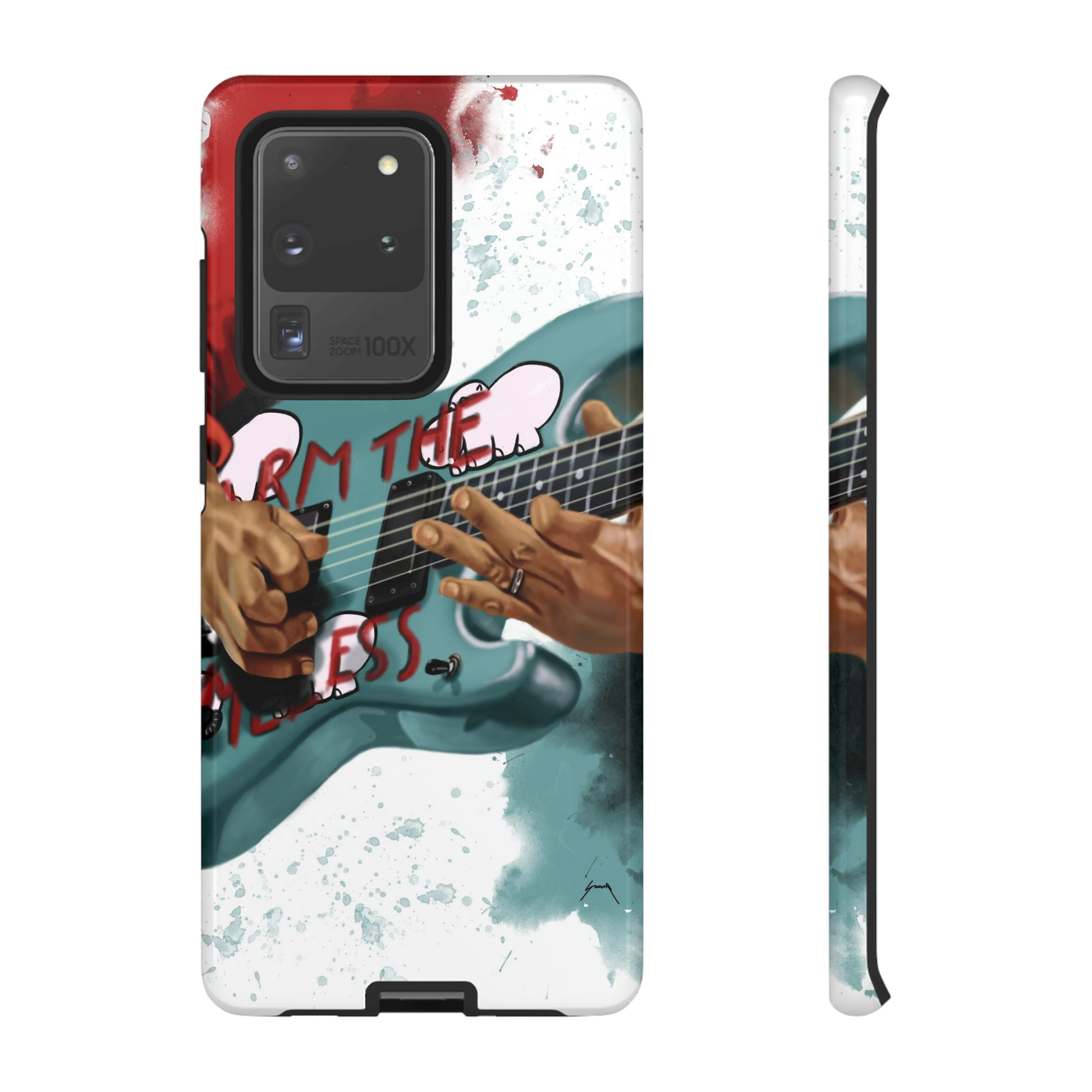 Digital painting of a blue electric guitar with stickers and hands printed on samsung phone case