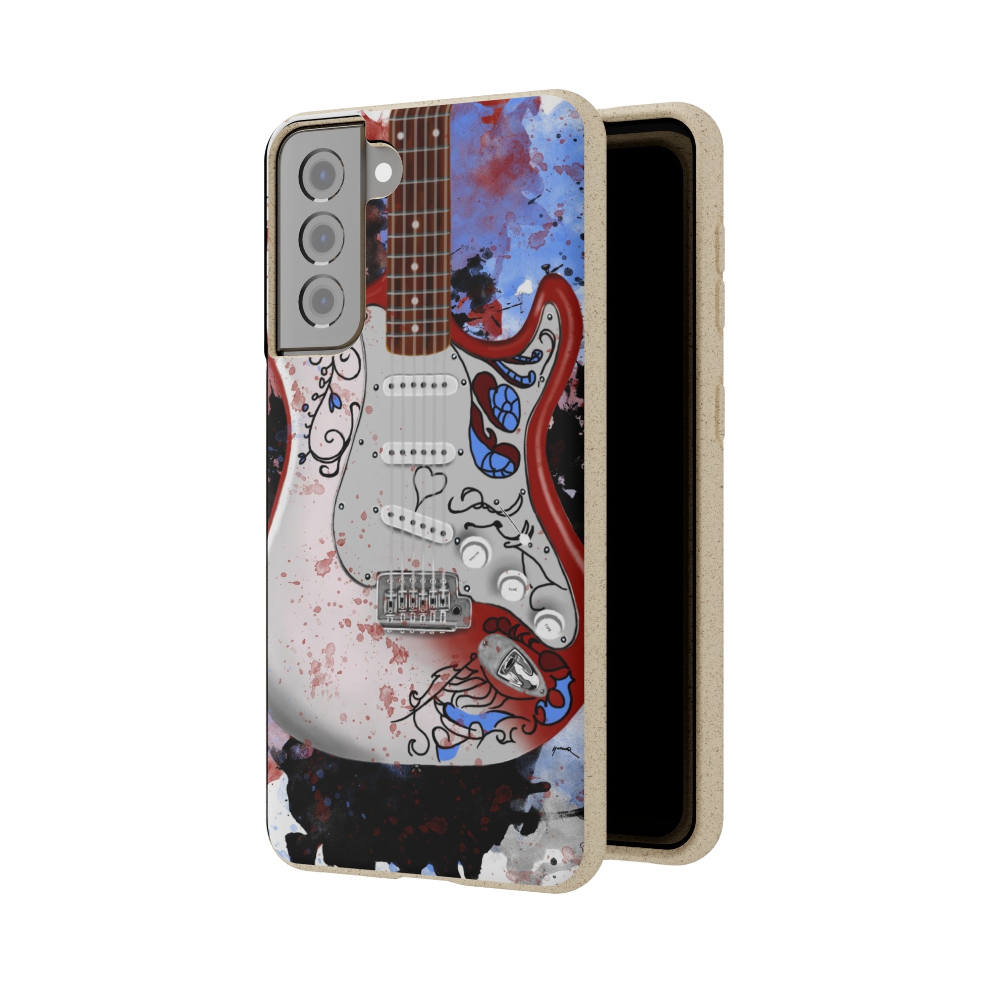 Digital painting of a red white decorated electric guitar printed on a biodegradable samsung phone case