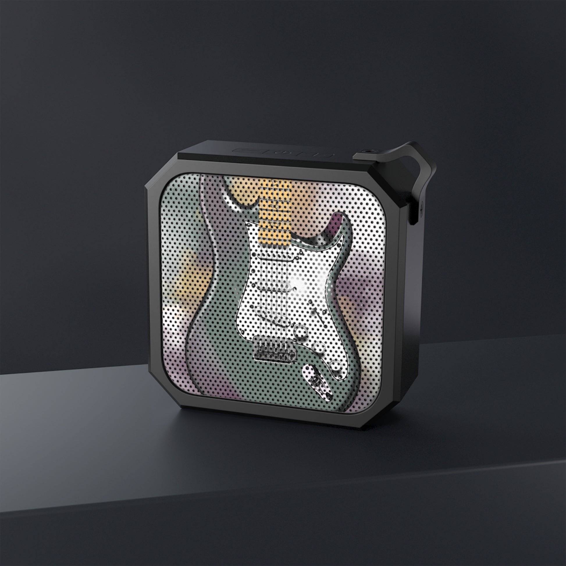 digital painting of a purple green blue electric guitar printed on a bluetooth speaker