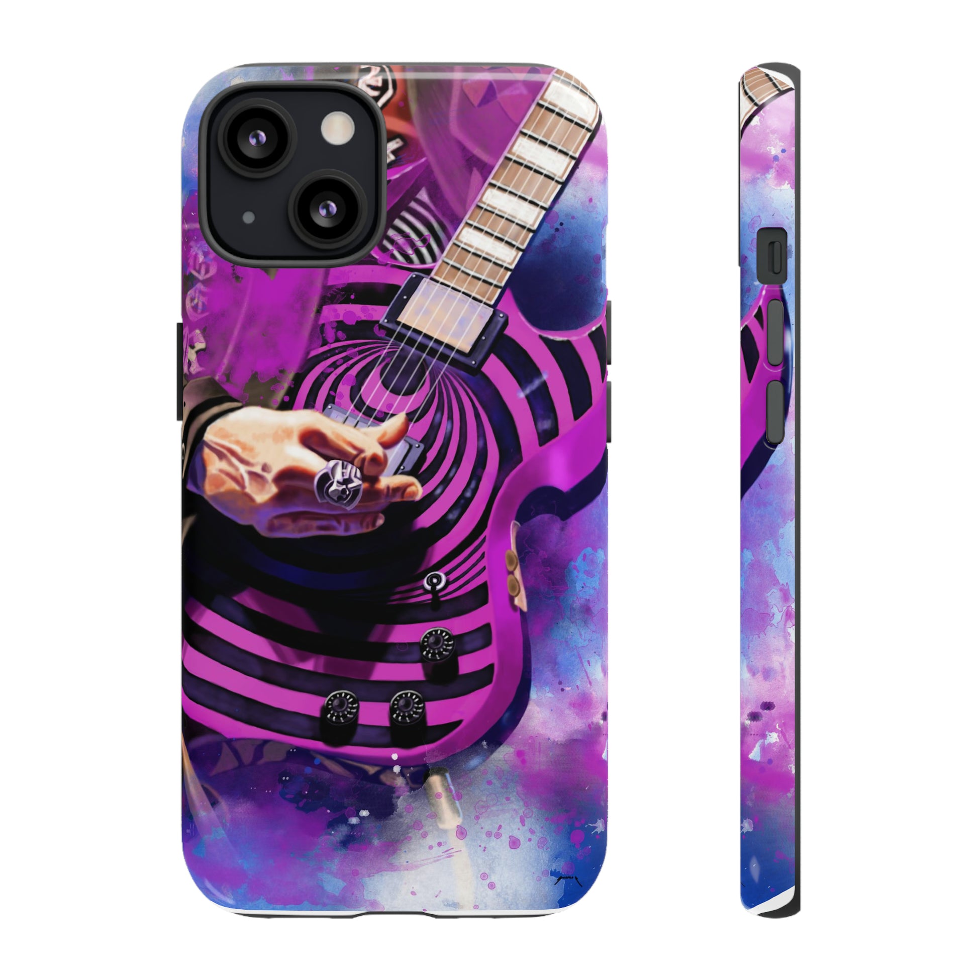 digital painting of a purple-black electric guitar with hand printed on iphone phone case