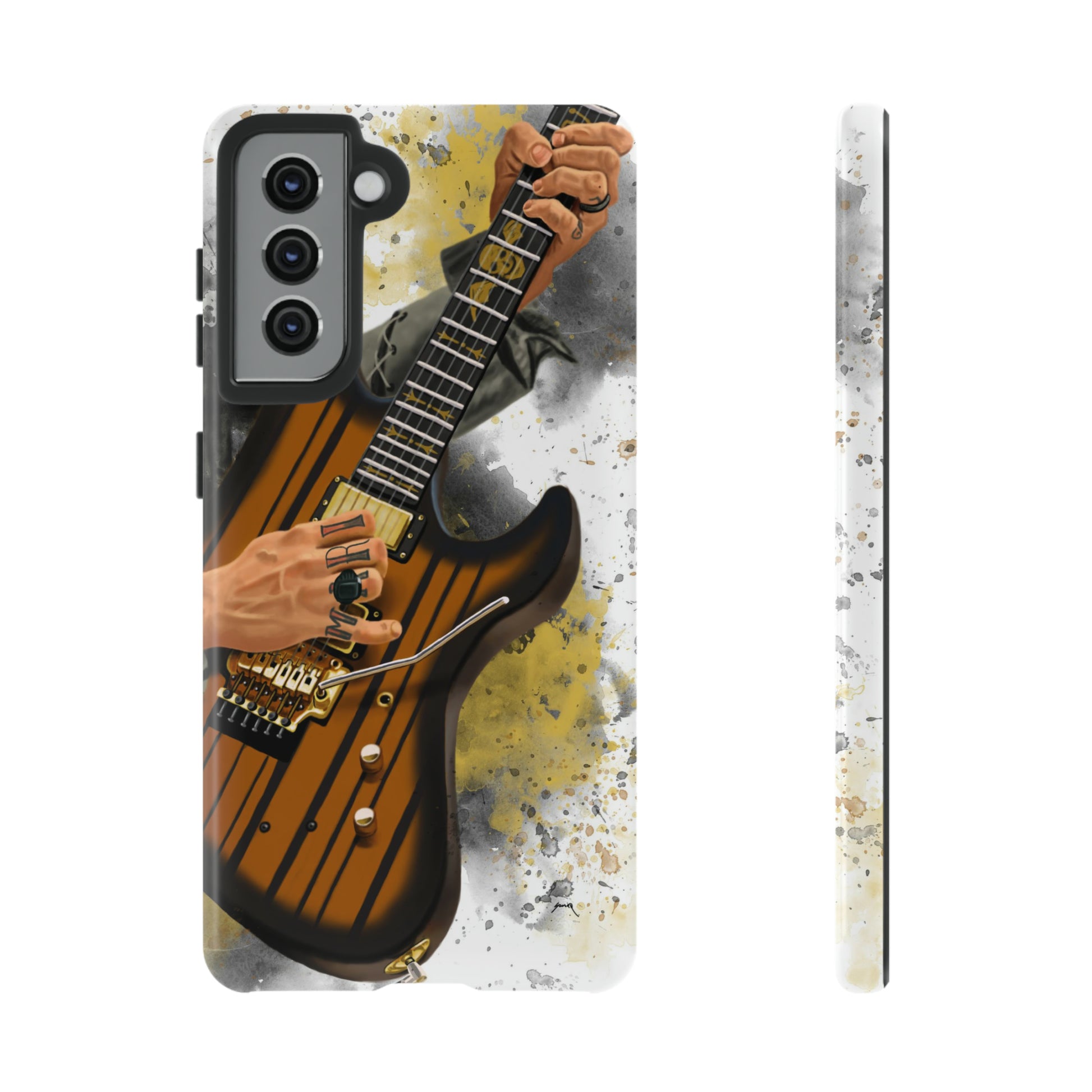 Digital painting of a burst black electric guitar with hands and tattoos printed on samsung tough case