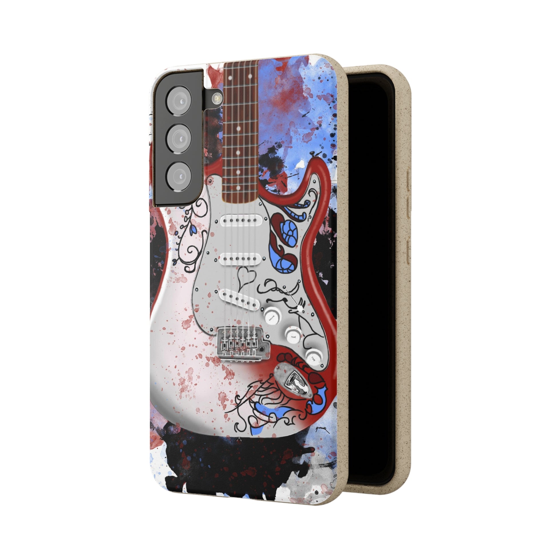 Digital painting of a red white decorated electric guitar printed on a biodegradable samsung phone case