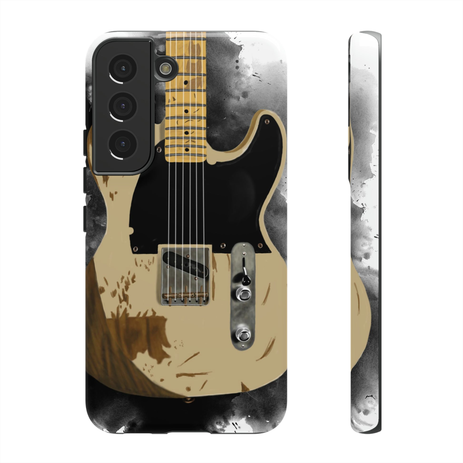 Digital painting of a white-black vintage electric guitar printed on a samsung phone case