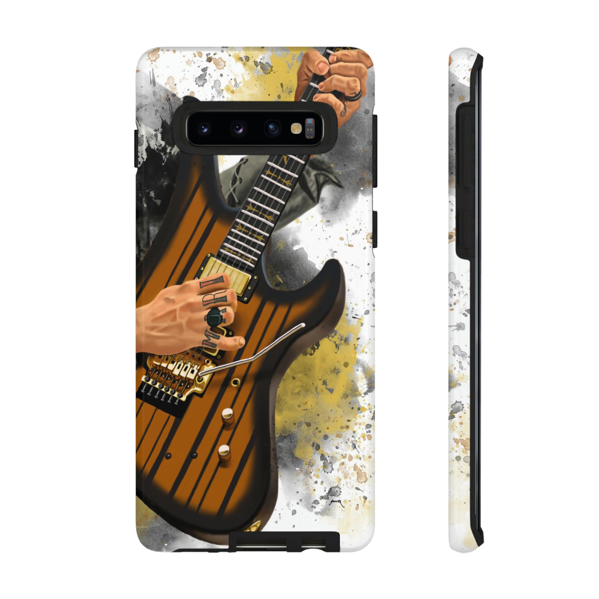 Digital painting of a burst black electric guitar with hands and tattoos printed on samsung tough case