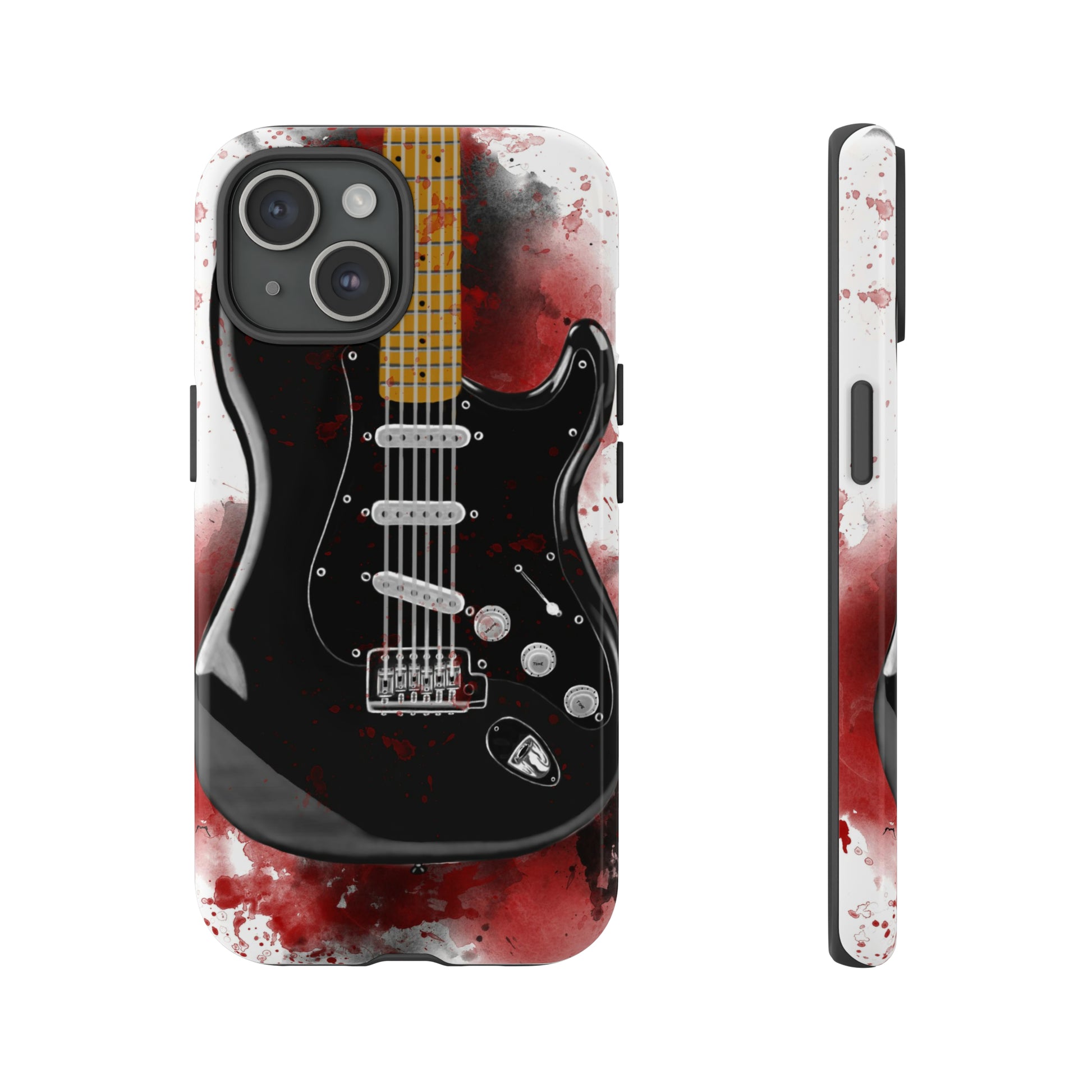 Digital painting of black electric guitar printed on an iphone phone case