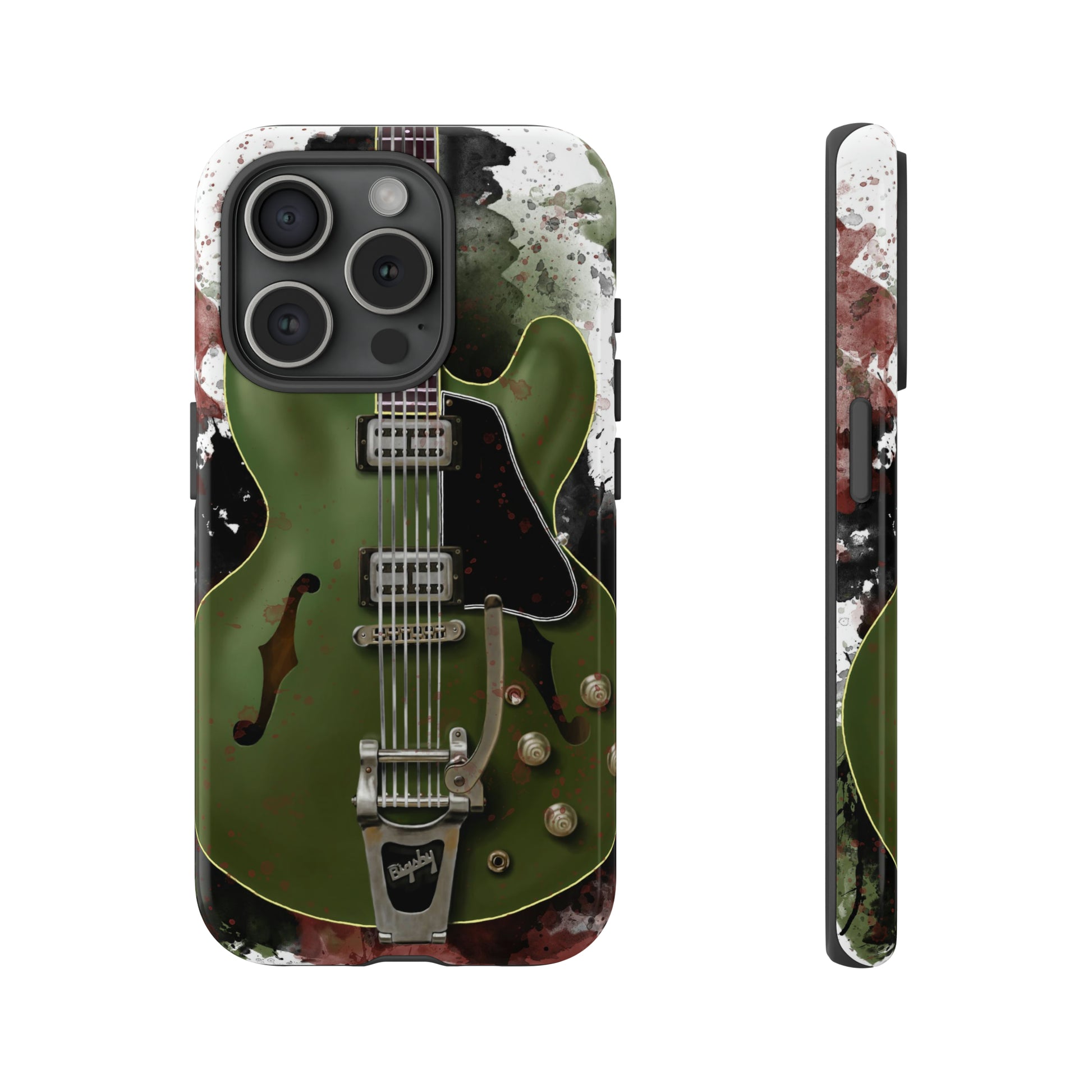 digital painting of a green electric guitar printed on an iphone phone case