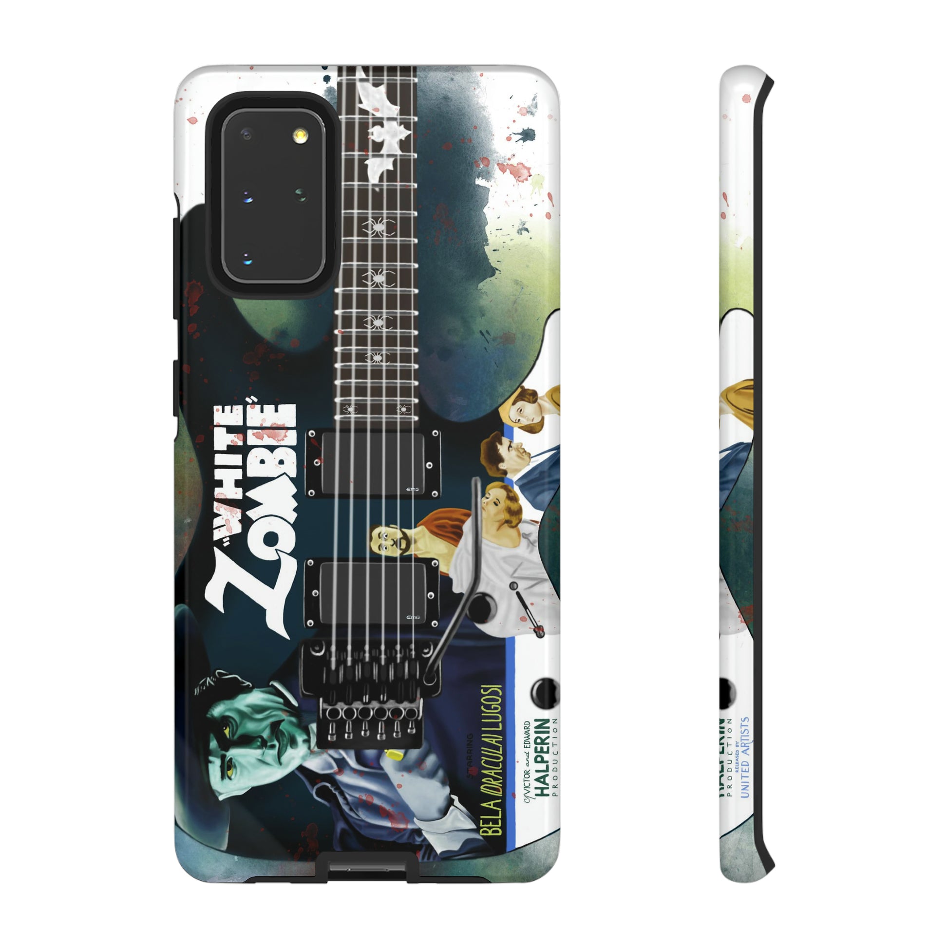 Digital painting of a blue electric guitar with a vintage movie poster on it printed on samsung phone case