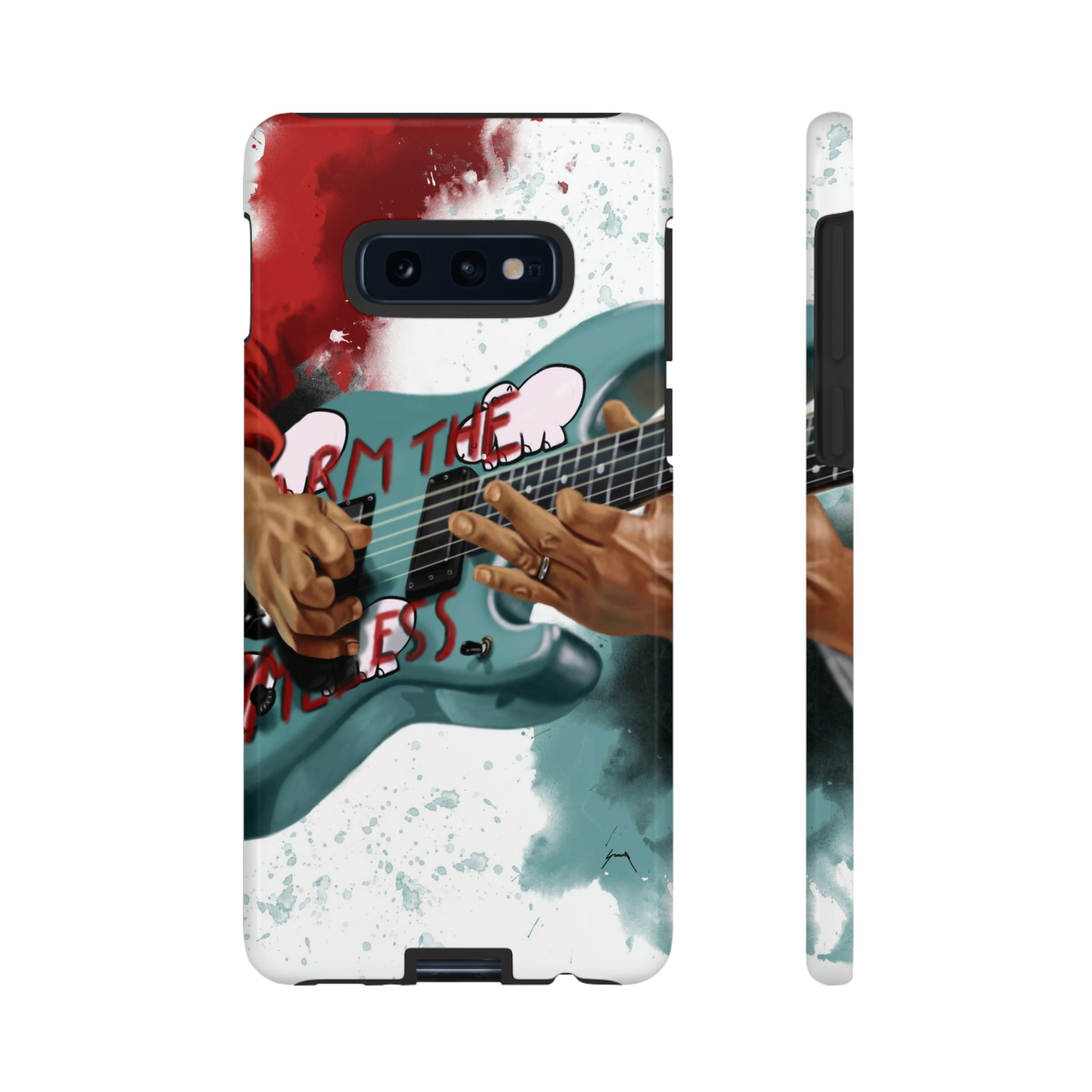 Digital painting of a blue electric guitar with stickers and hands printed on samsung phone case