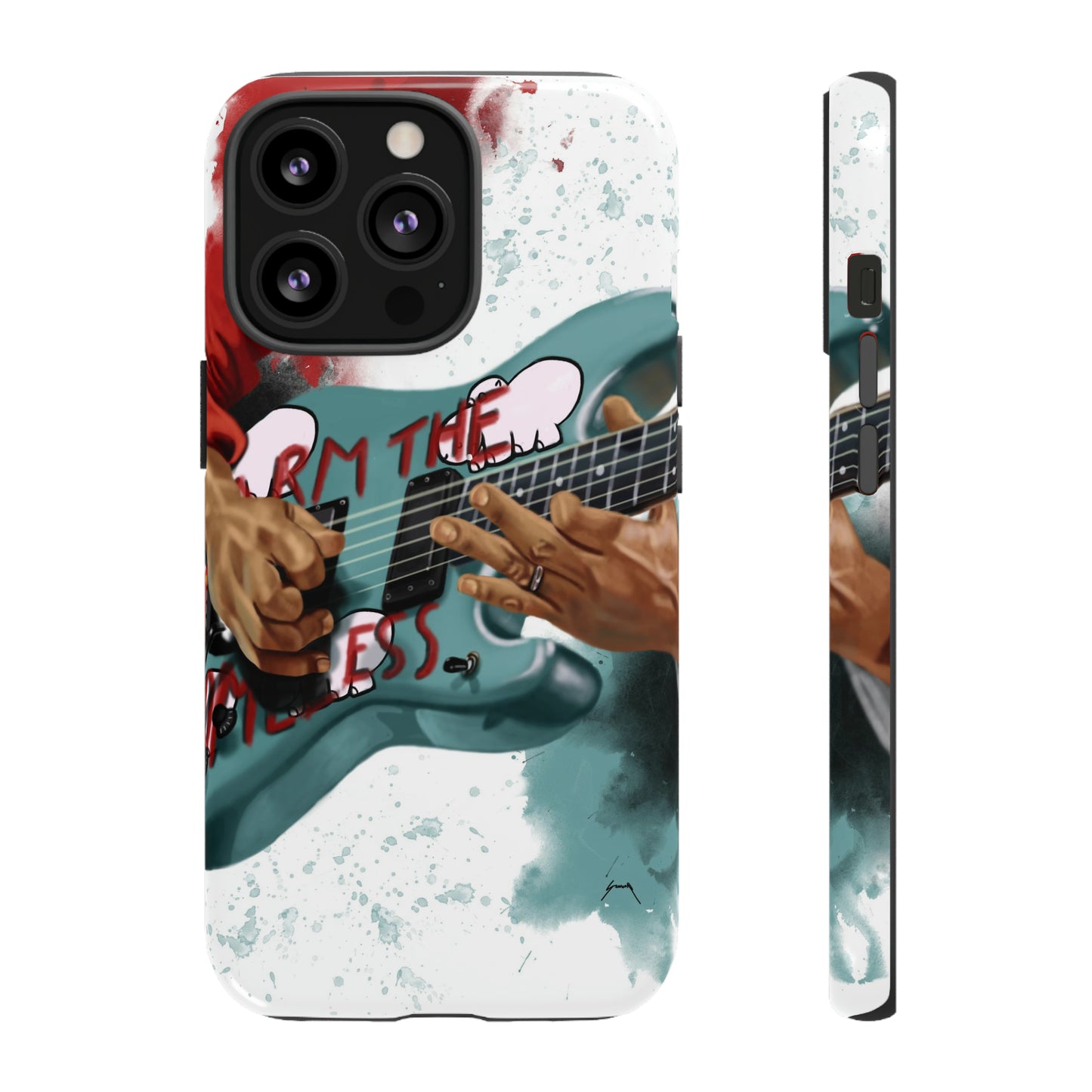 Digital painting of a blue electric guitar with stickers and hands printed on iphone phone case