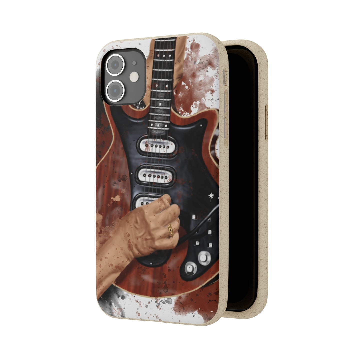 digital painting of a red black electric guitar with hands printed on biodegradable iphone phone case