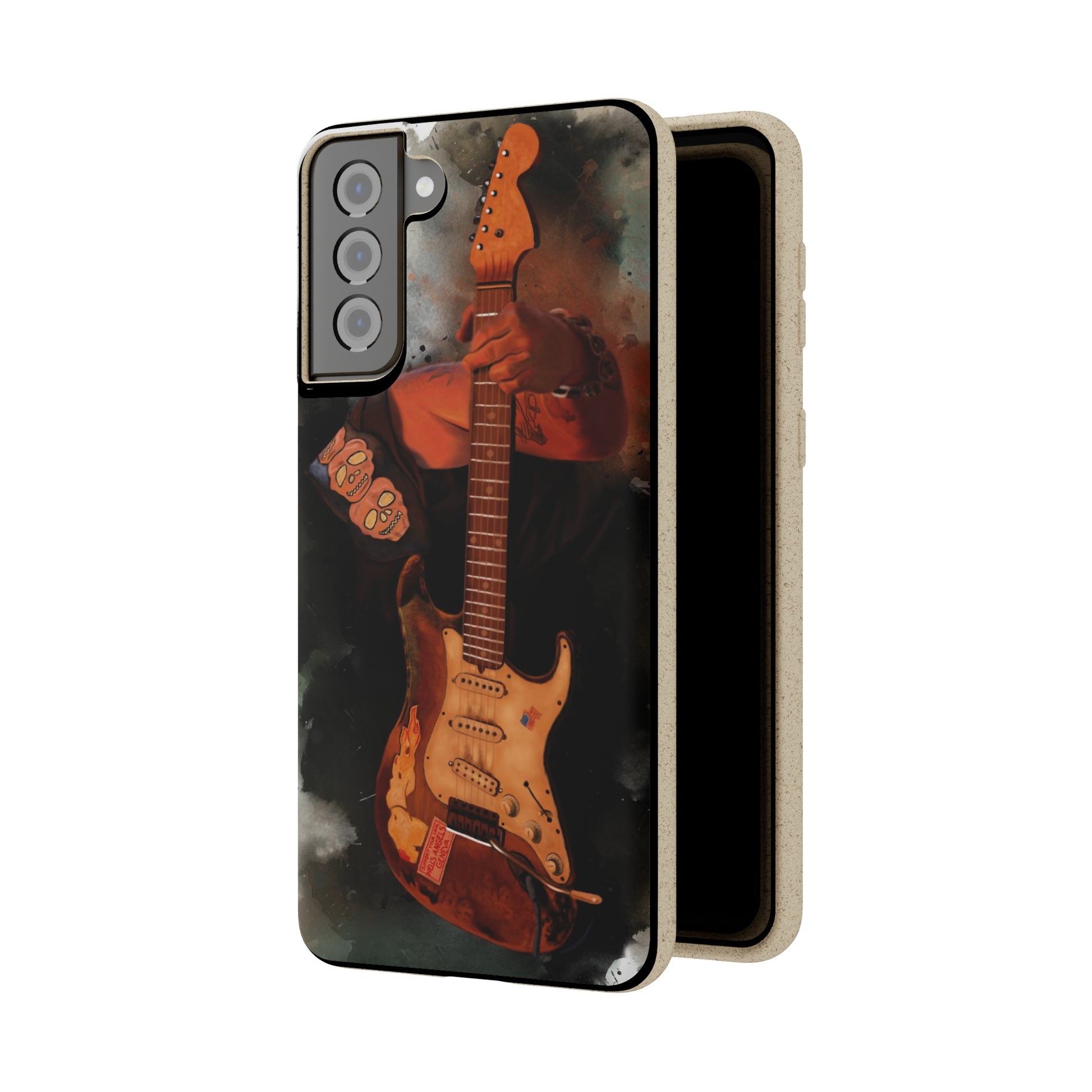 digital painting of Papa's heavy used vintage sunburst electric guitar printed on biodegradable samsung phone case