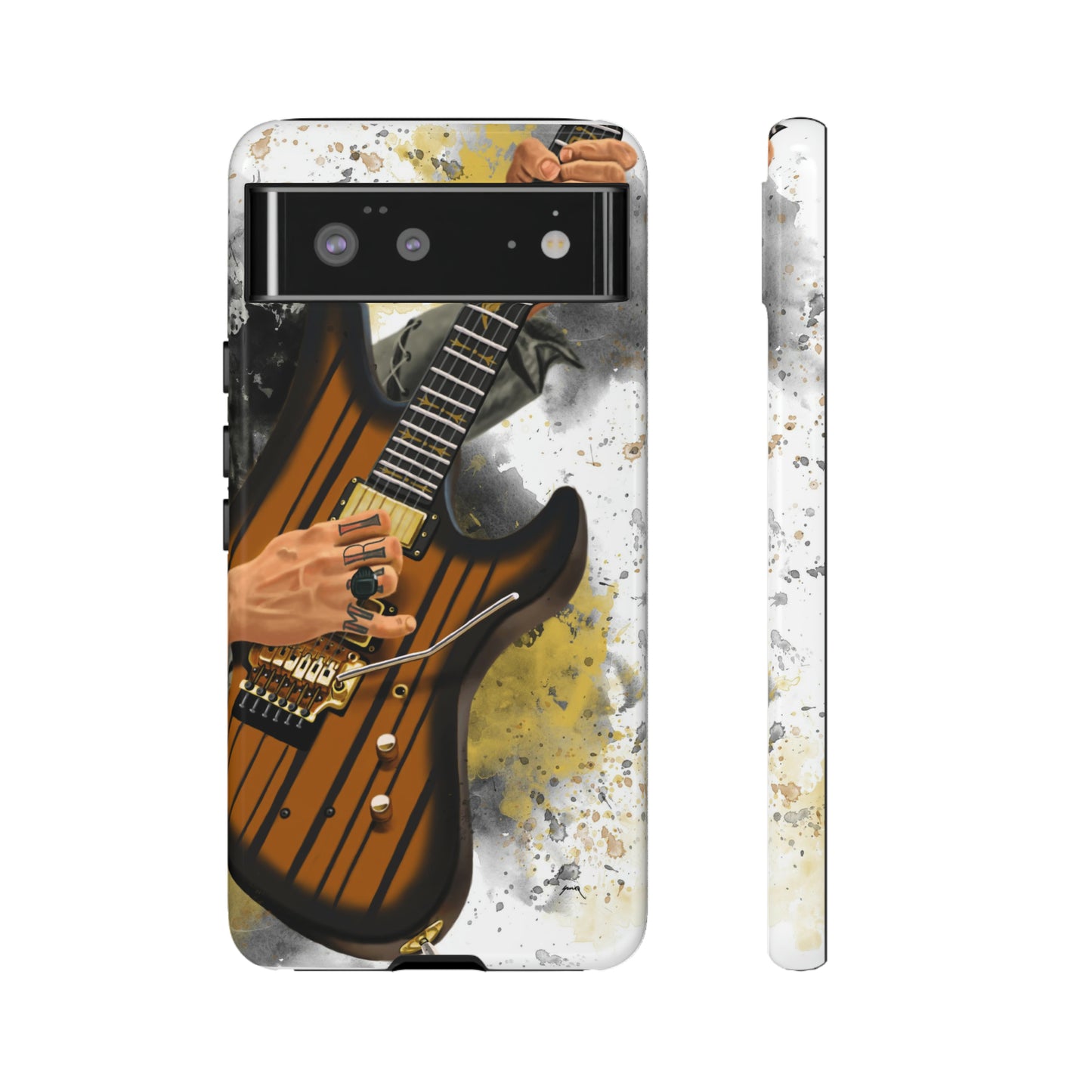Digital painting of a burst black electric guitar with hands and tattoos printed on google tough case