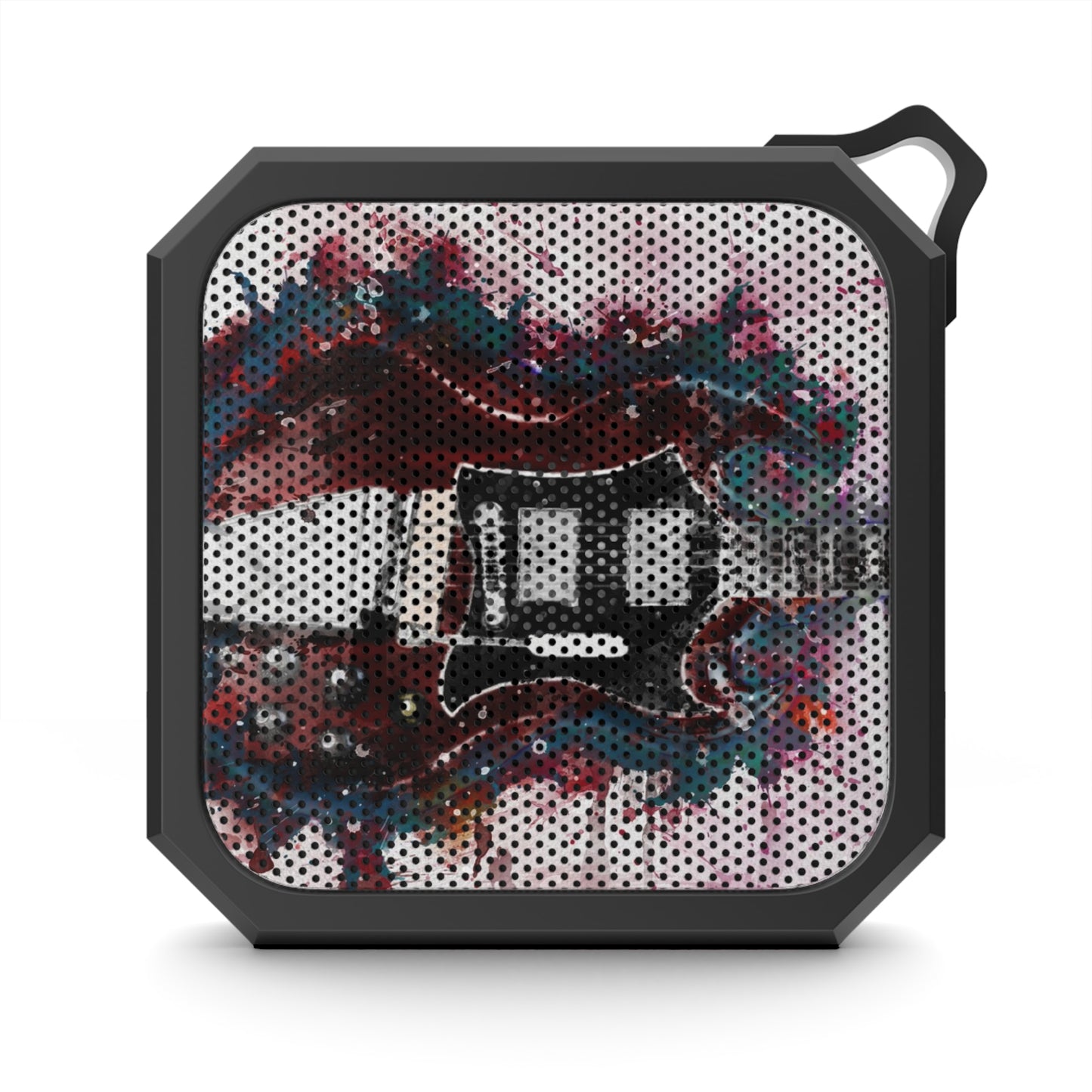 digital painting of a red electric guitar graffiti printed on a bluetooth speaker