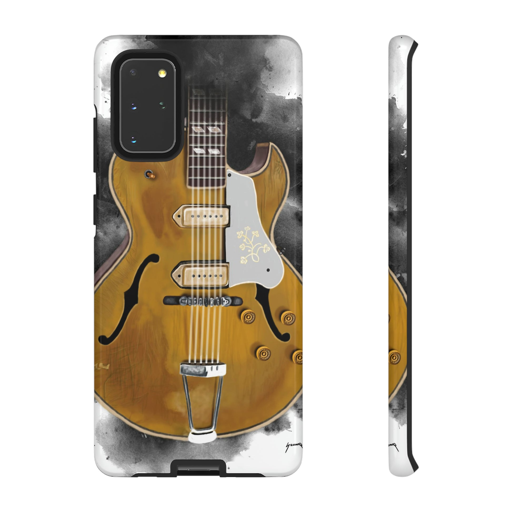 Digital painting of a goldtop vintage electric guitar printed on a samsung phone case