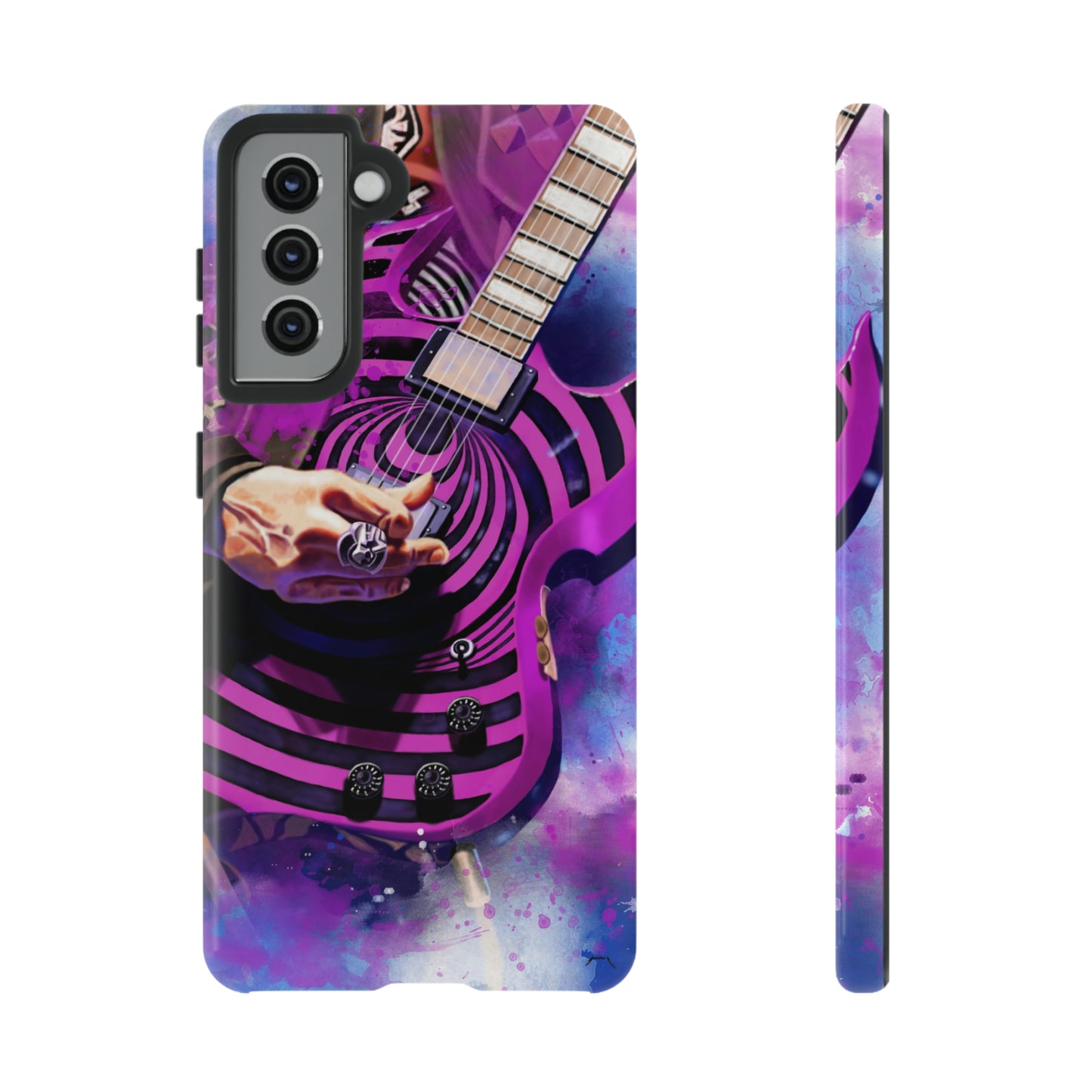 digital painting of a purple-black electric guitar with hand printed on samsung phone case