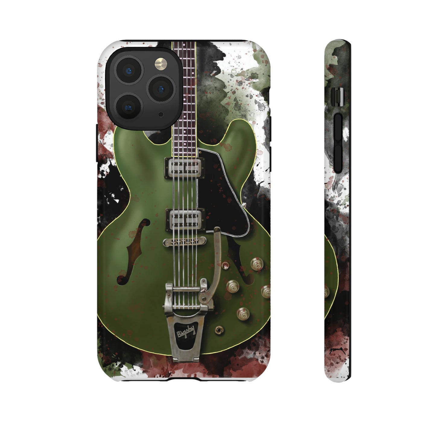 digital painting of a green electric guitar printed on an iphone phone case