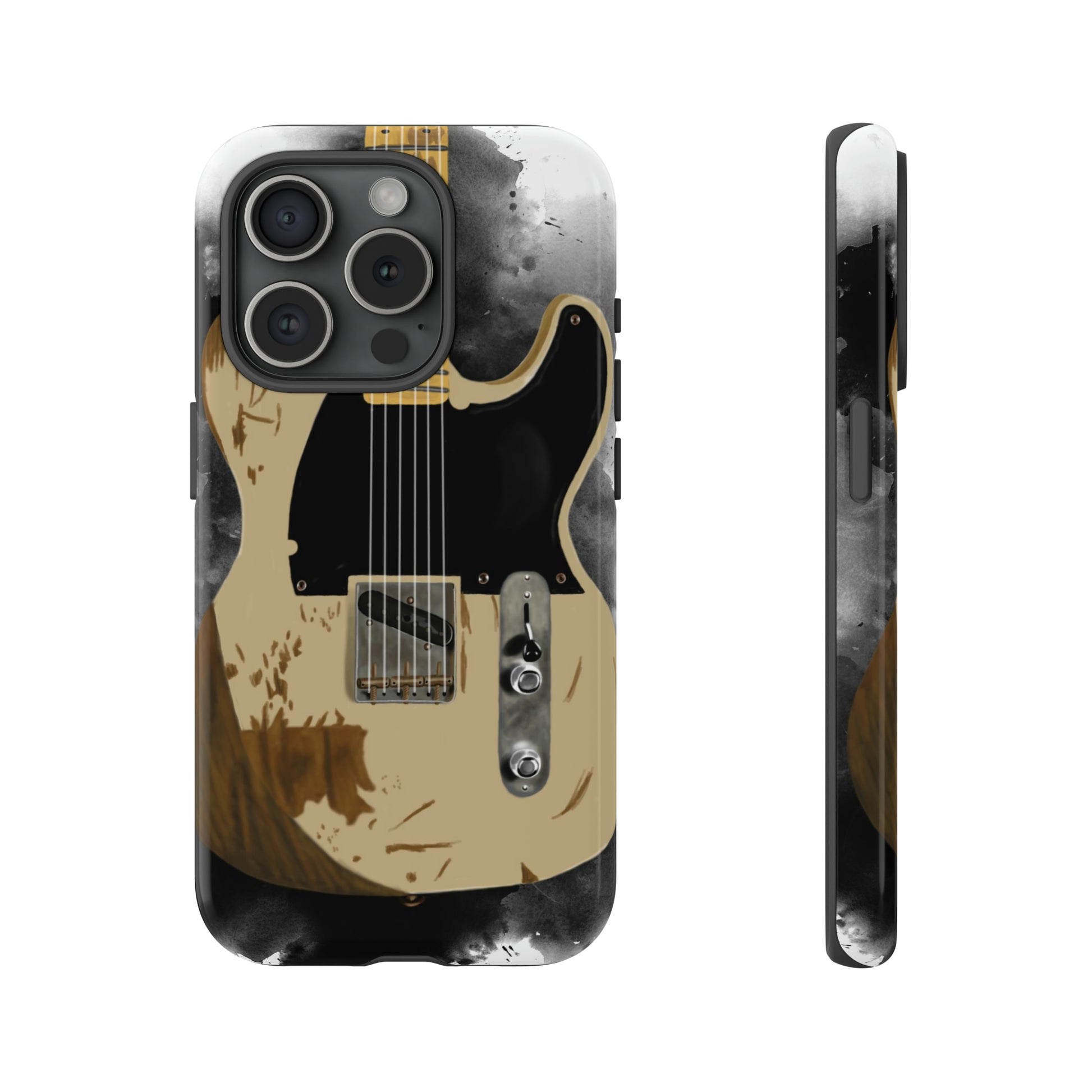 Digital painting of a white-black vintage electric guitar printed on an iphone phone case