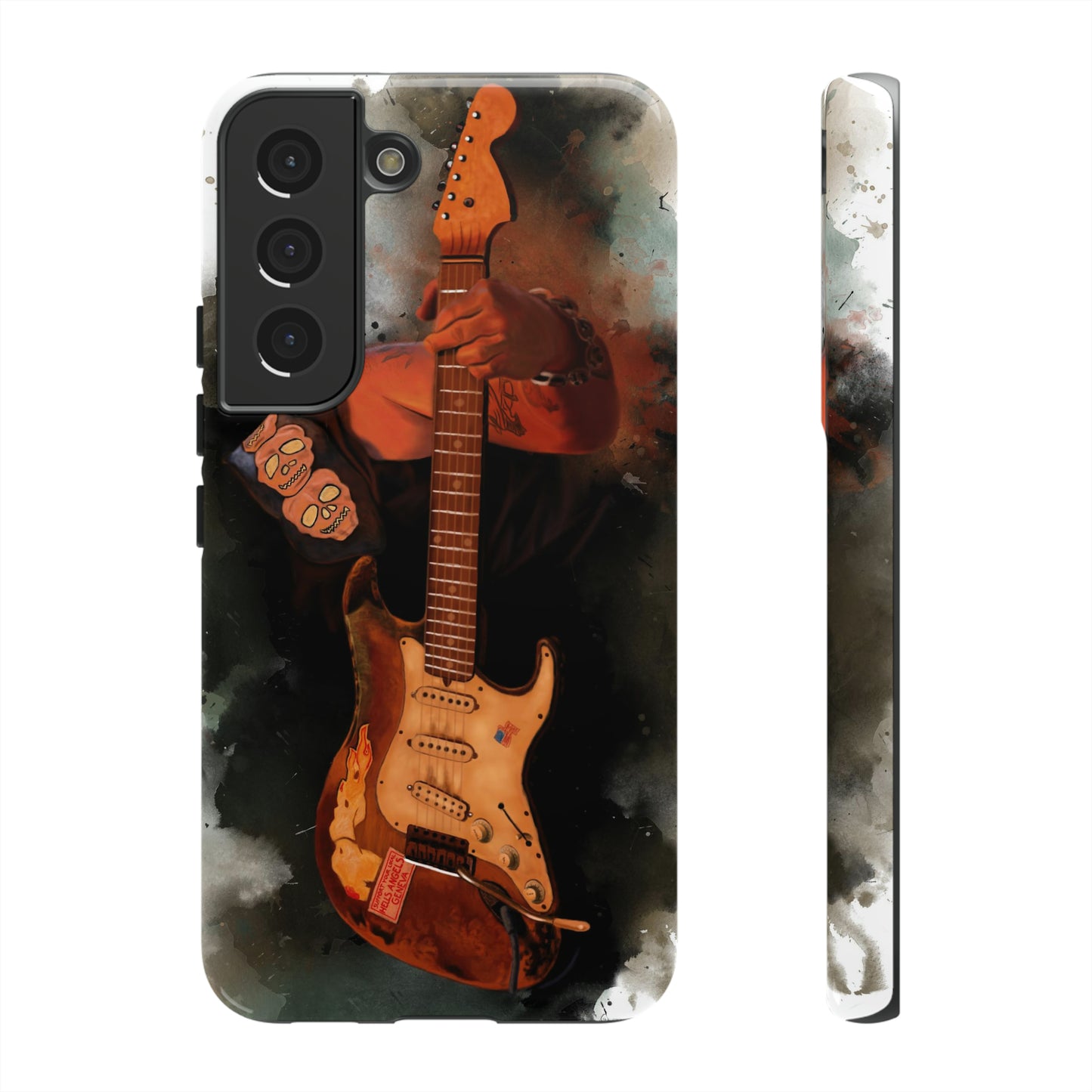 Digital painting of a heavy used vintage sunburst electric guitar with hand printed on samsung phone case