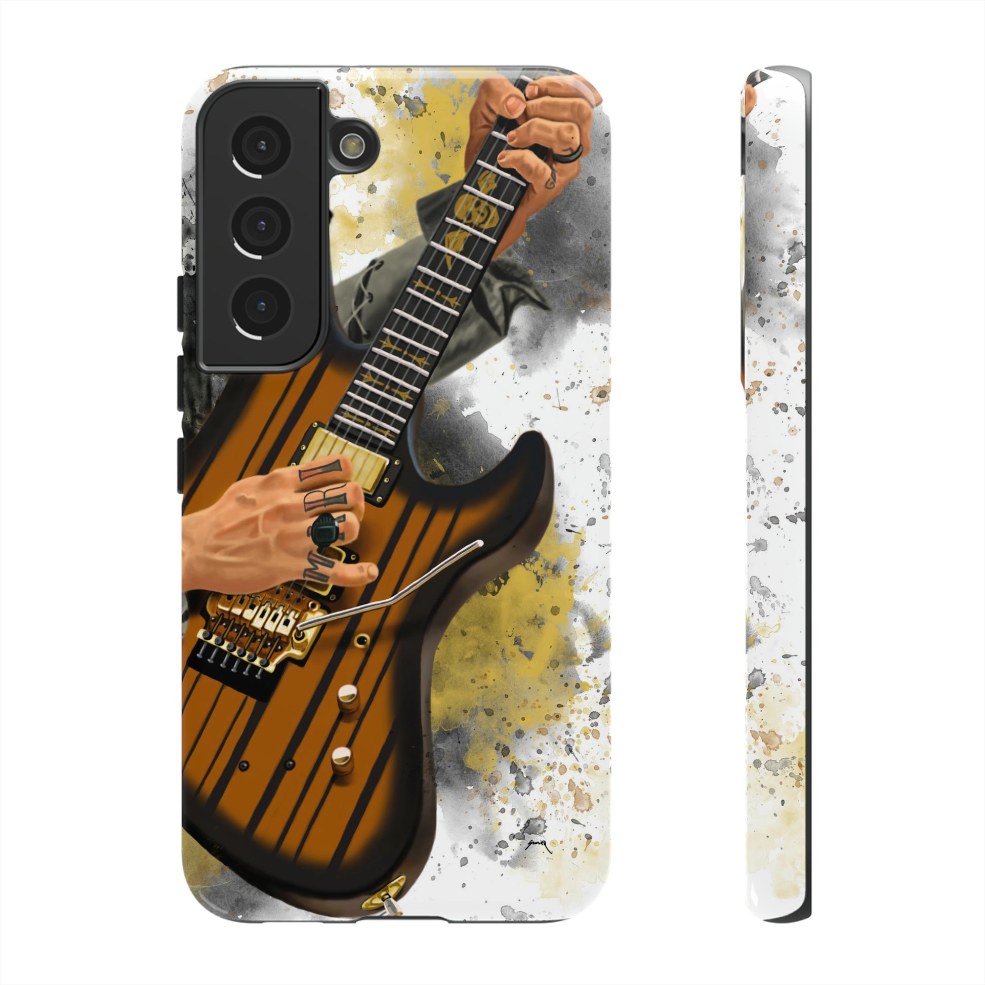 Digital painting of a burst black electric guitar with hands and tattoos printed on samsung tough case