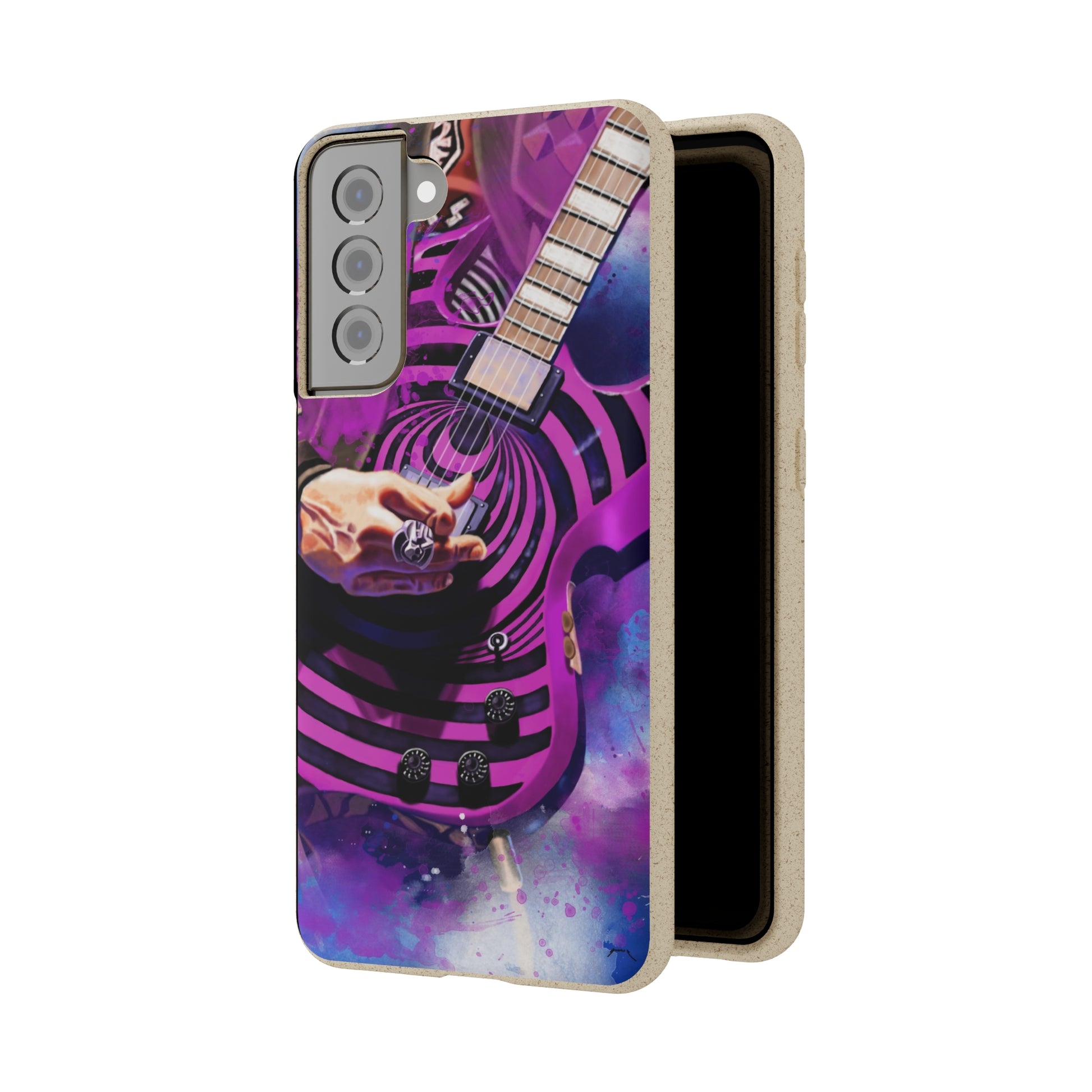 Digital painting of a purple black electric guitar with hand printed on a biodegradable samsung phone case