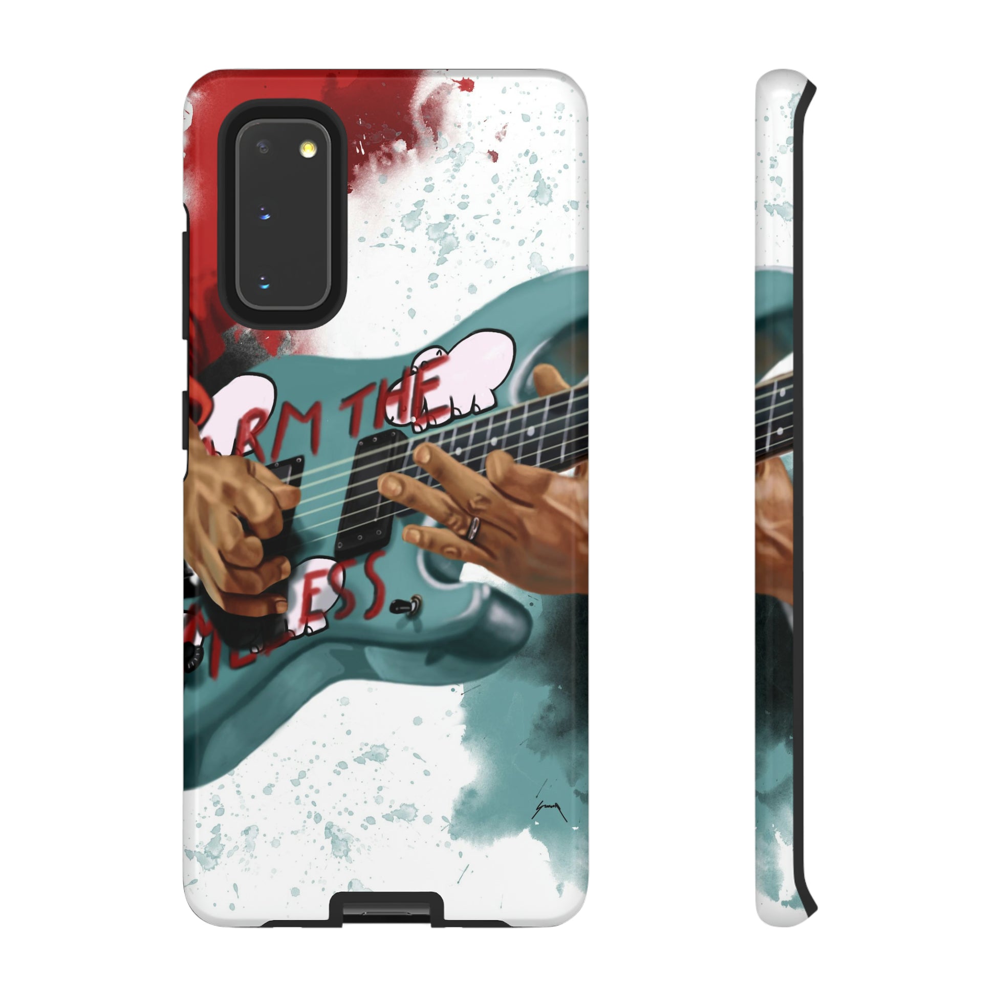 Digital painting of a blue electric guitar with stickers and hands printed on samsung phone case