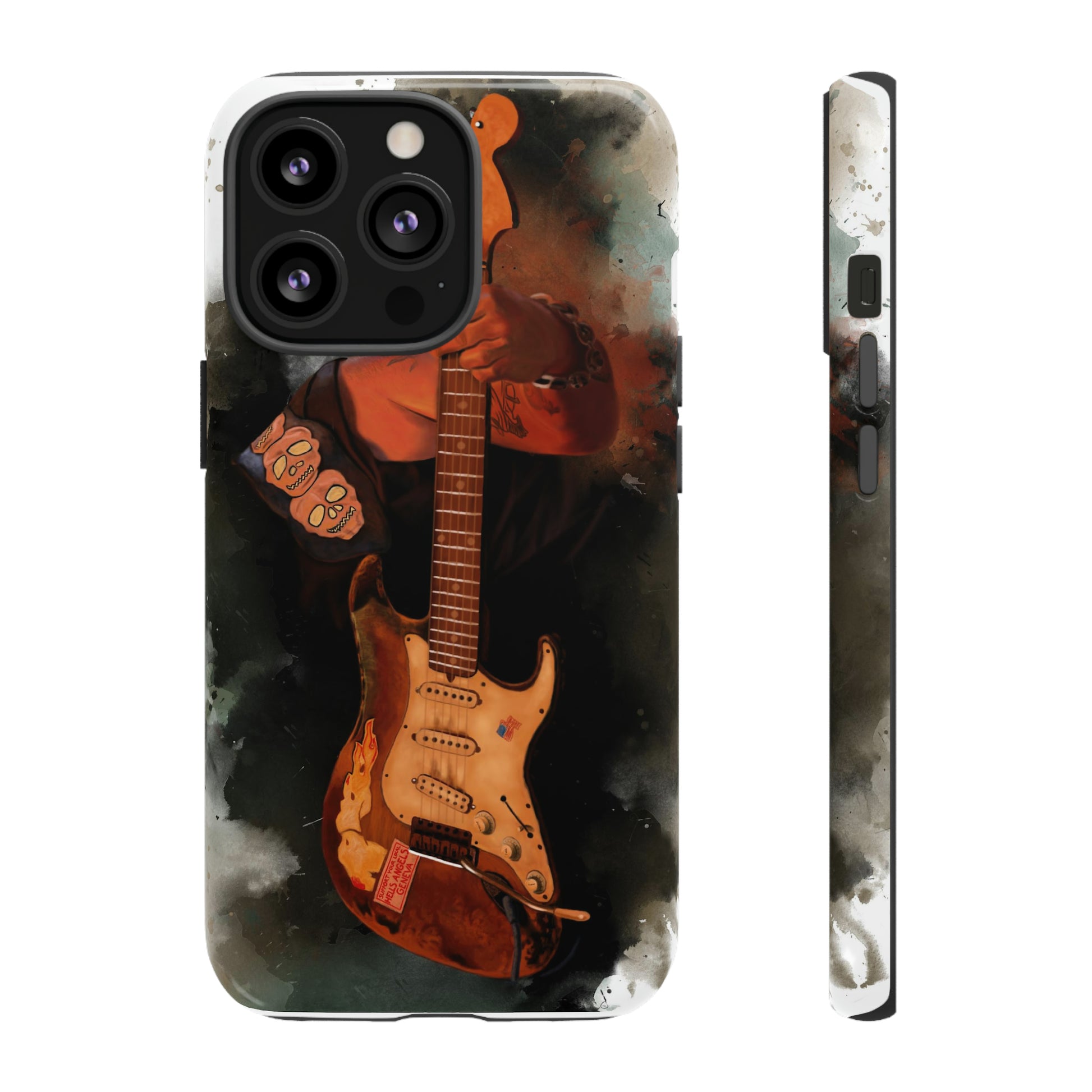 Digital painting of a heavy used vintage sunburst electric guitar with hand printed on iphone phone case