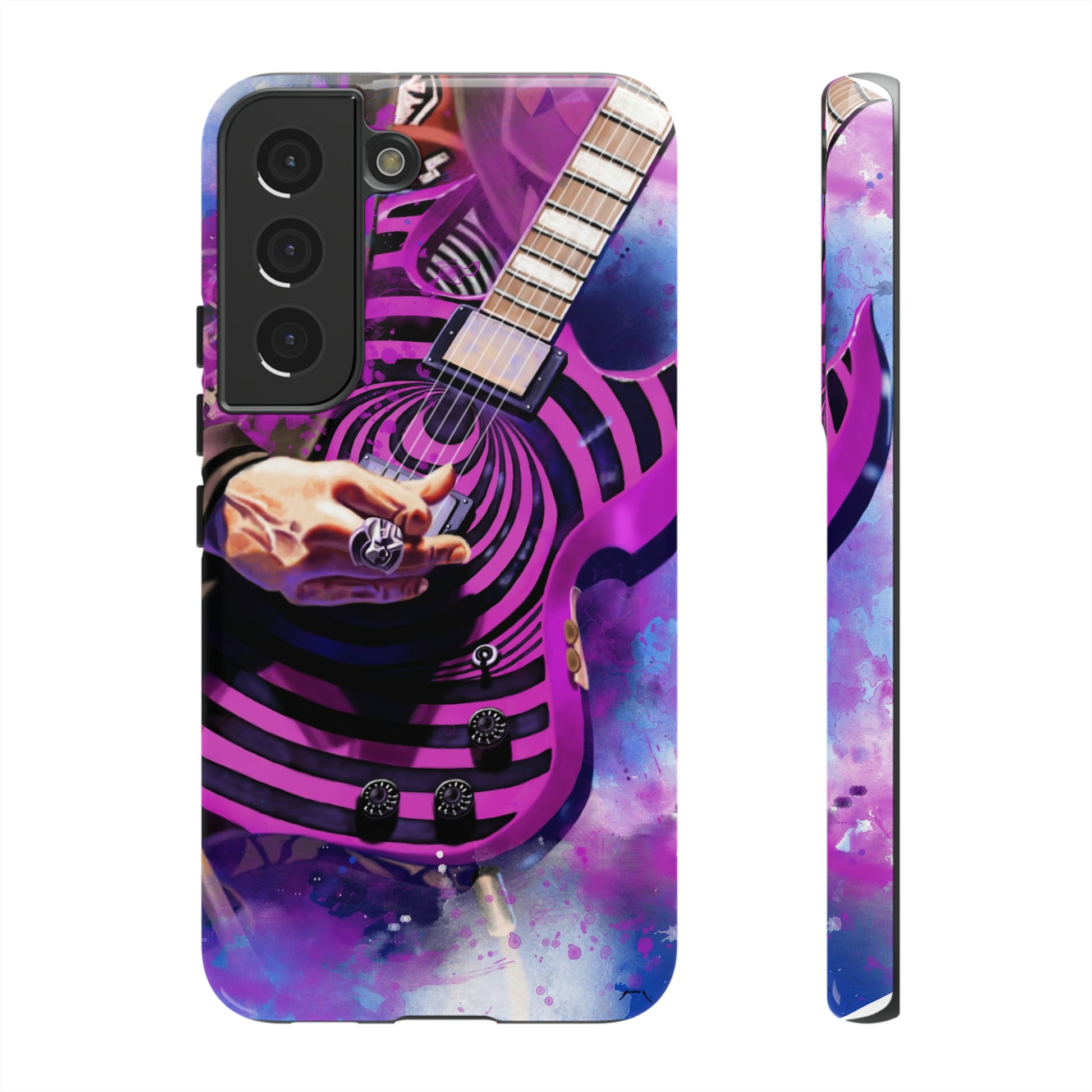 digital painting of a purple-black electric guitar with hand printed on samsung phone case