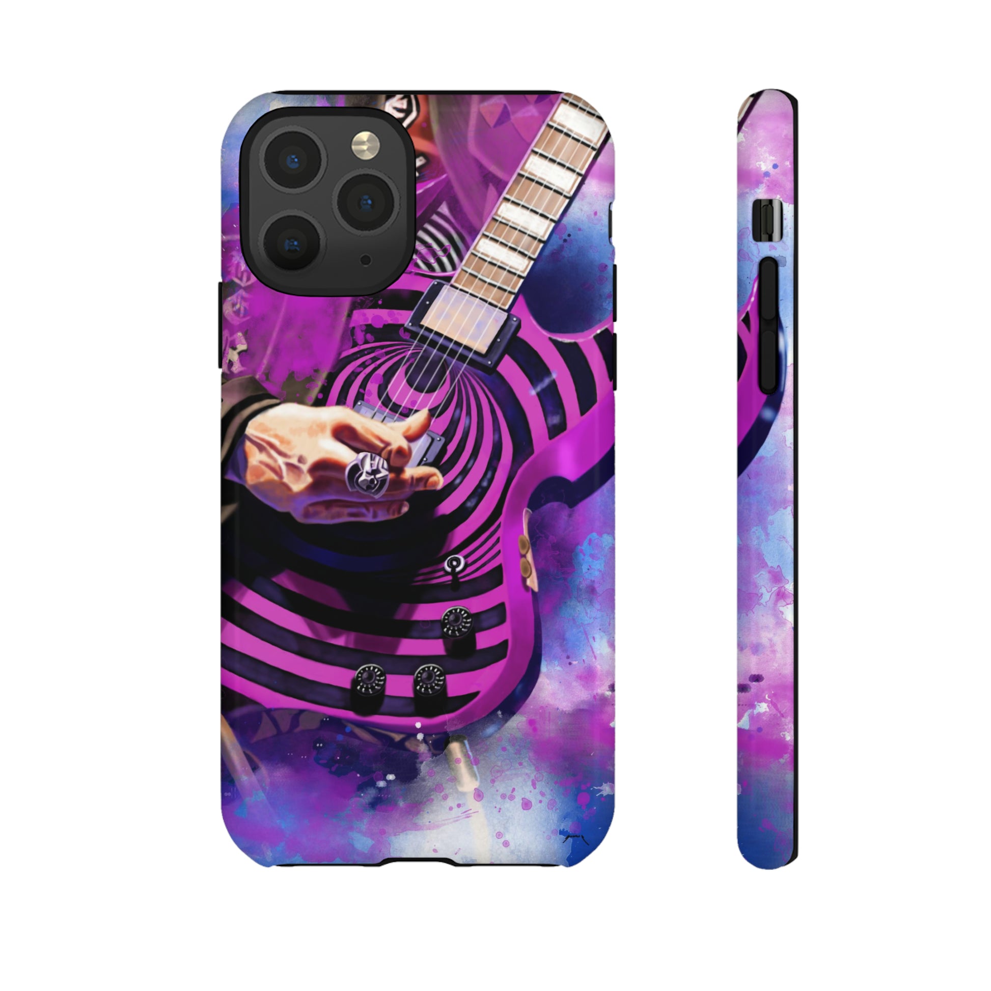 digital painting of a purple-black electric guitar with hand printed on iphone phone case