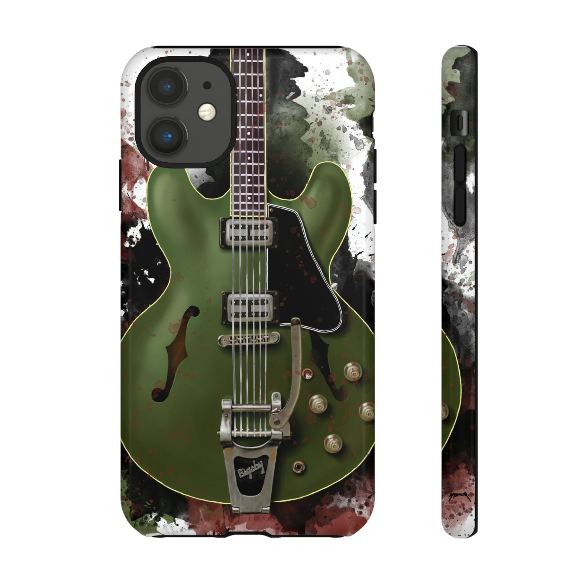 digital painting of a green electric guitar printed on an iphone phone case