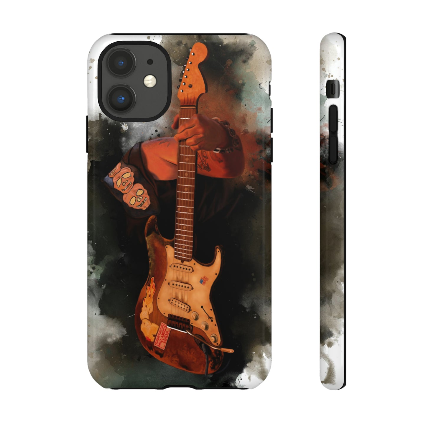 Digital painting of a heavy used vintage sunburst electric guitar with hand printed on iphone phone case