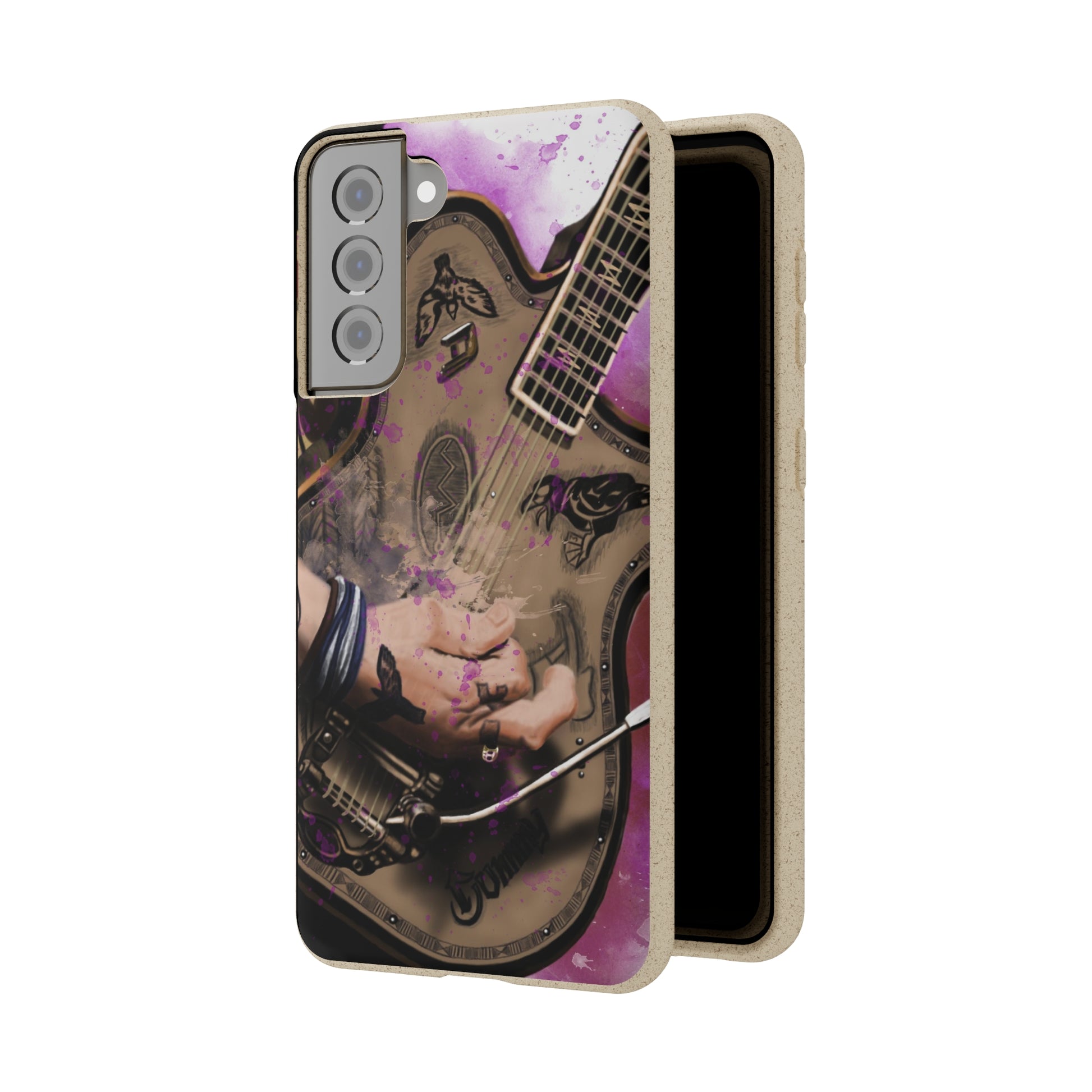 digital painting of an electric guitar with tattooed hand printed on a biodegradable samsung phone case